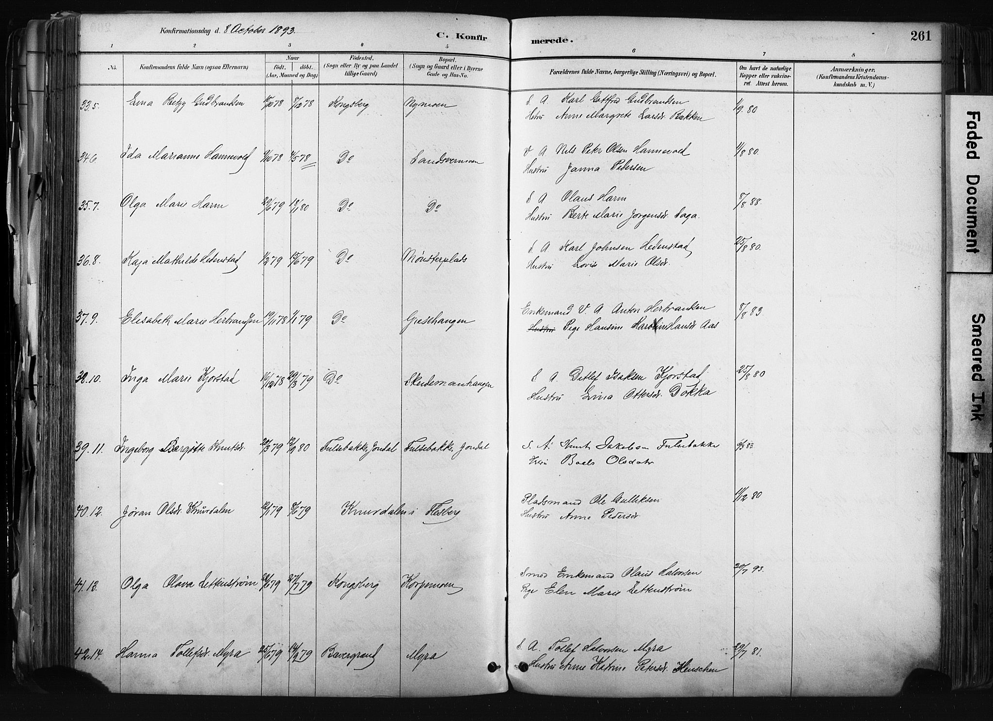 Kongsberg kirkebøker, AV/SAKO-A-22/F/Fb/L0002: Parish register (official) no. II 2, 1886-1896, p. 261