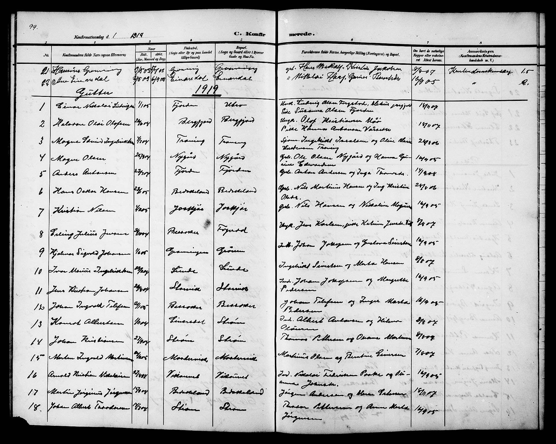 Ministerialprotokoller, klokkerbøker og fødselsregistre - Sør-Trøndelag, SAT/A-1456/657/L0717: Parish register (copy) no. 657C04, 1904-1923, p. 99