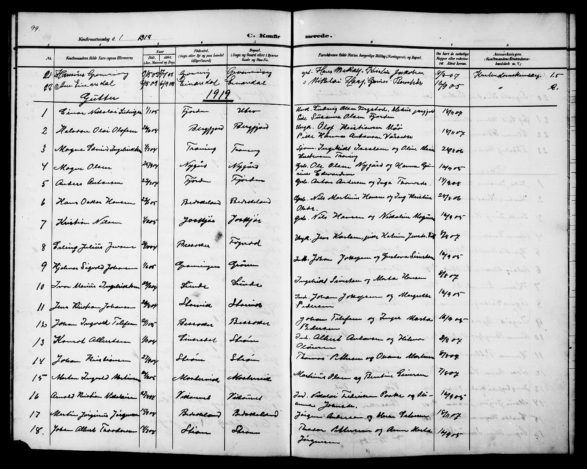 Ministerialprotokoller, klokkerbøker og fødselsregistre - Sør-Trøndelag, AV/SAT-A-1456/657/L0717: Parish register (copy) no. 657C04, 1904-1923, p. 99