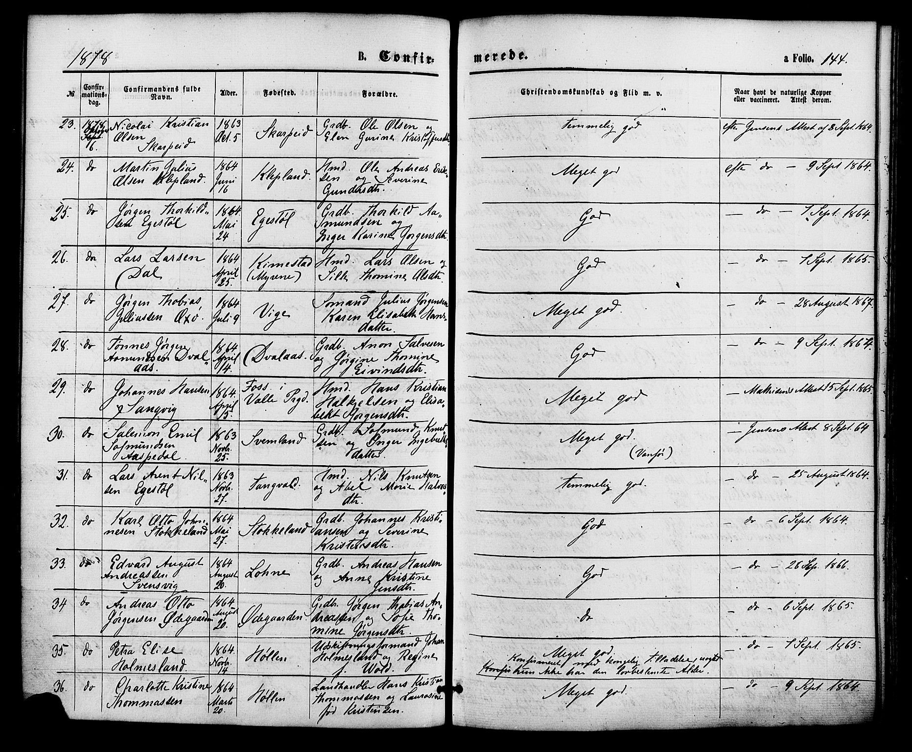 Søgne sokneprestkontor, SAK/1111-0037/F/Fa/Fab/L0011: Parish register (official) no. A 11, 1869-1879, p. 144