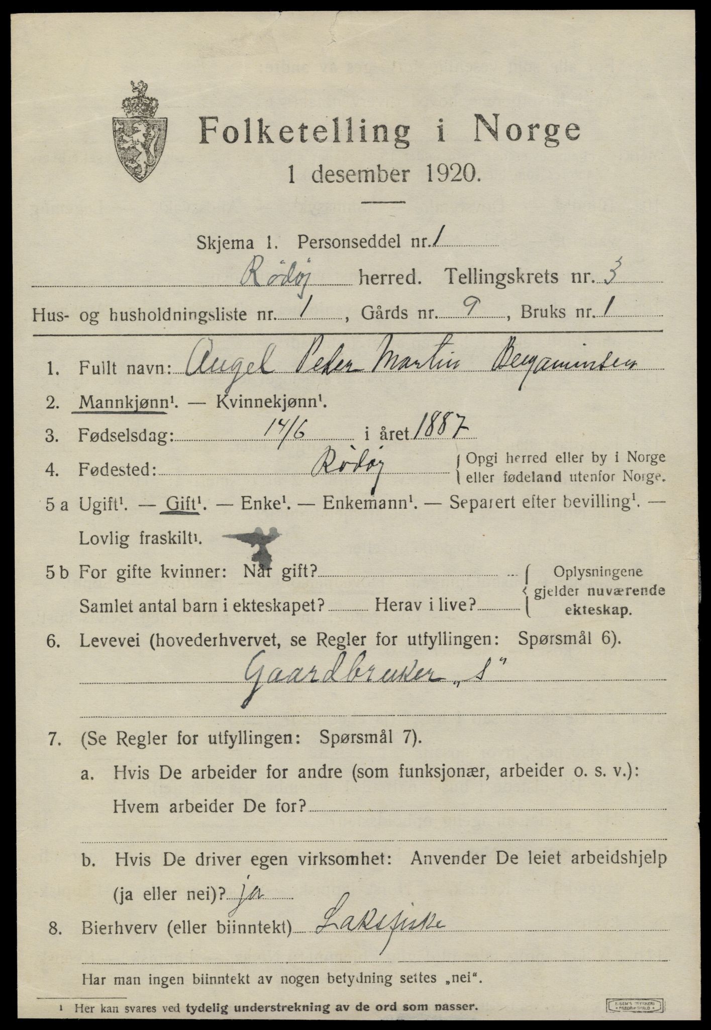 SAT, 1920 census for Rødøy, 1920, p. 2122