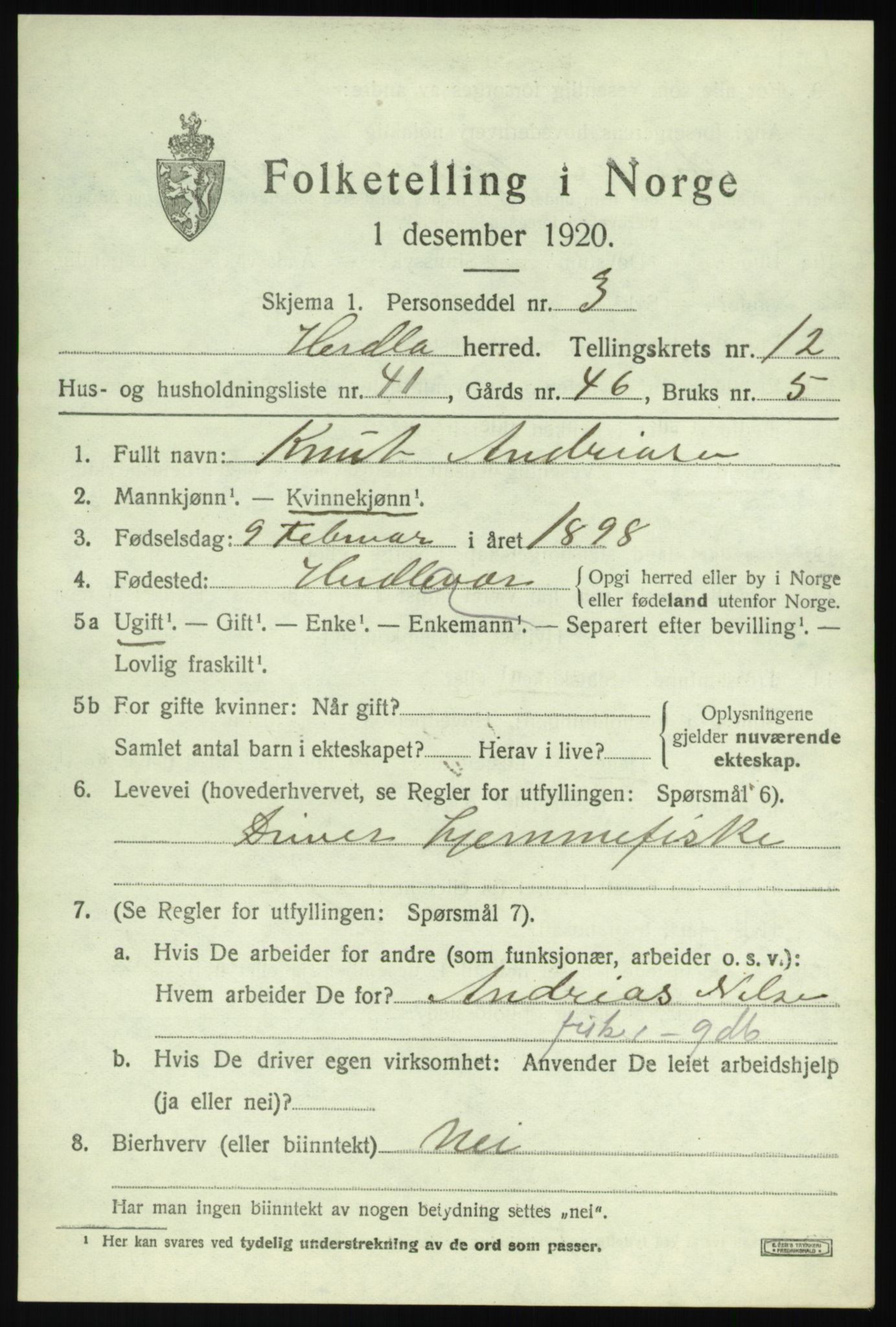 SAB, 1920 census for Herdla, 1920, p. 8905