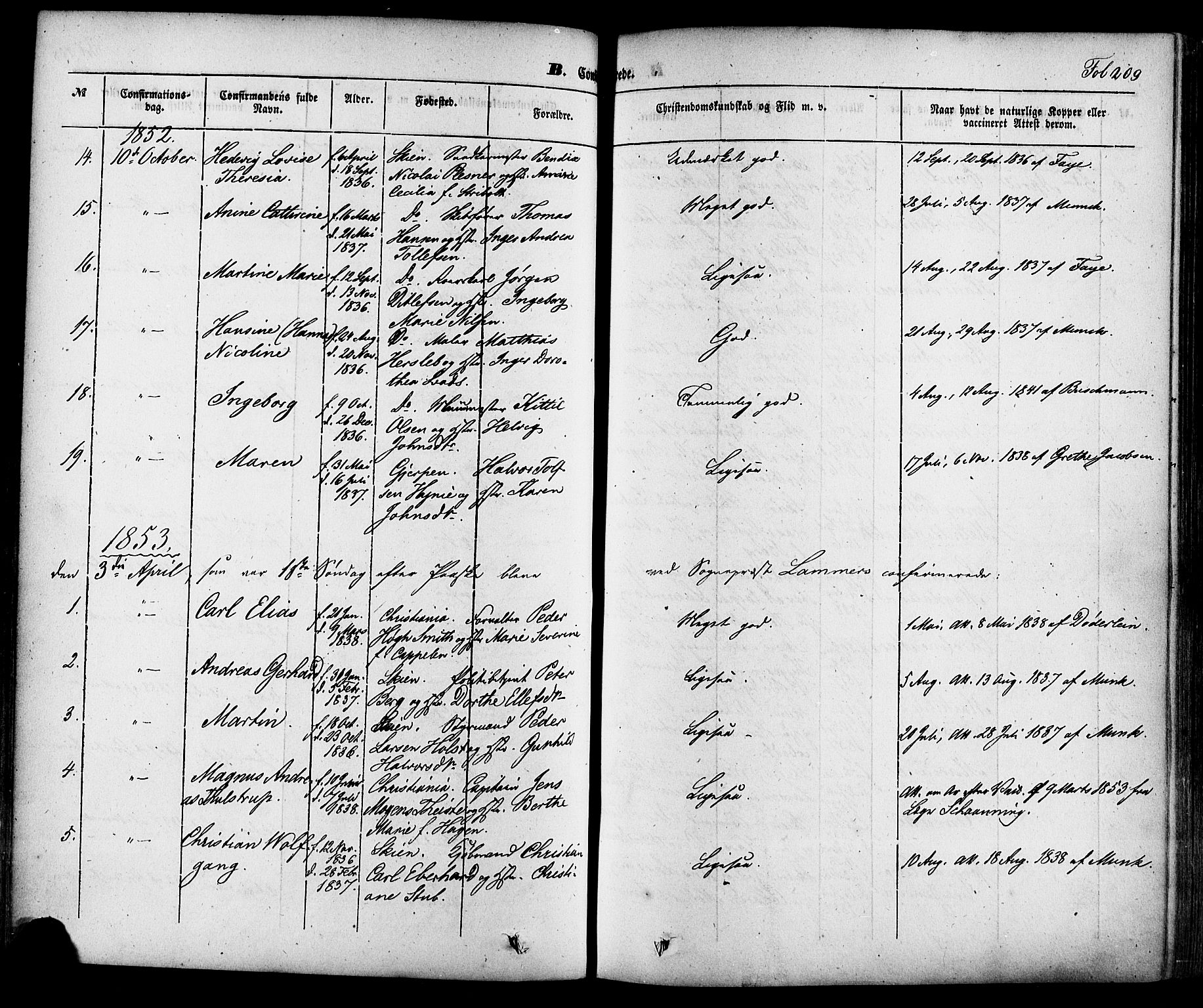 Skien kirkebøker, AV/SAKO-A-302/F/Fa/L0006a: Parish register (official) no. 6A, 1843-1856, p. 209