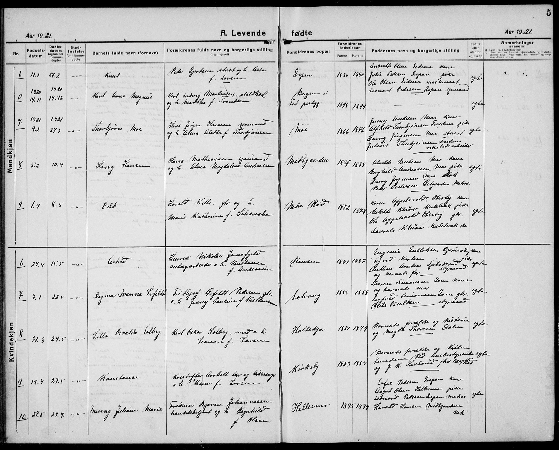 Tjøme kirkebøker, SAKO/A-328/G/Ga/L0003: Parish register (copy) no. 3, 1921-1935, p. 5