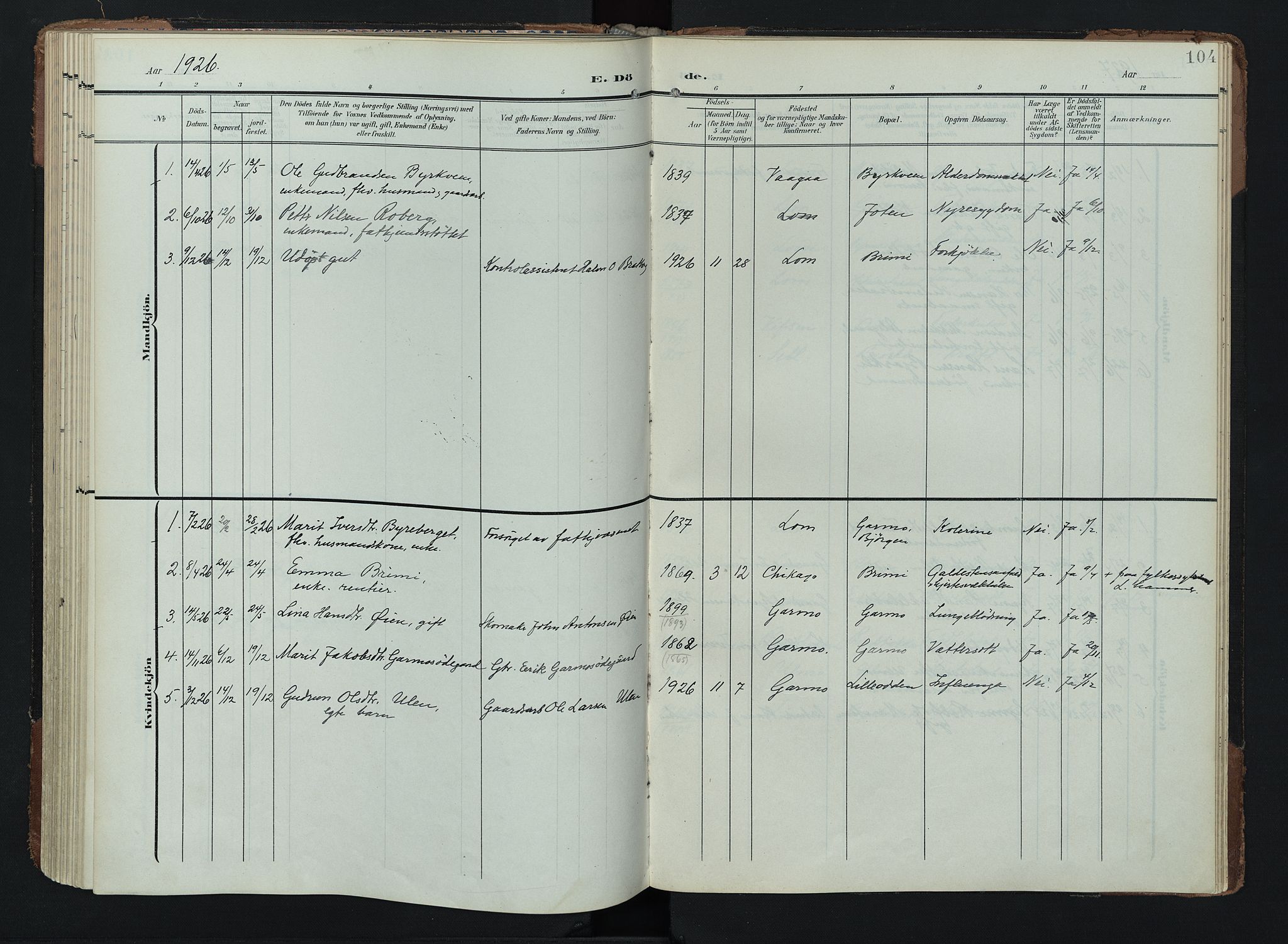 Lom prestekontor, SAH/PREST-070/K/L0011: Parish register (official) no. 11, 1904-1928, p. 104
