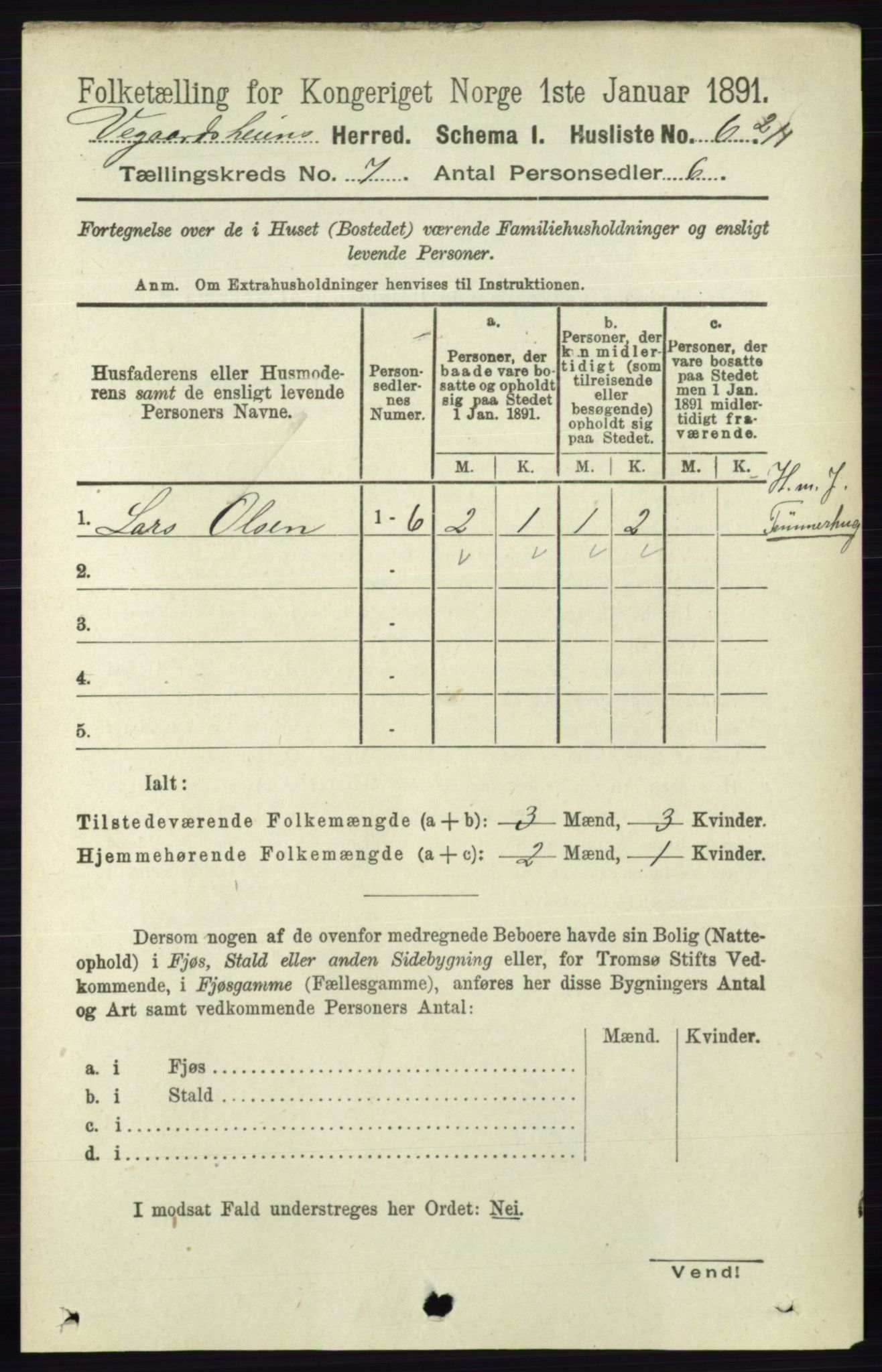 RA, 1891 census for 0912 Vegårshei, 1891, p. 1316