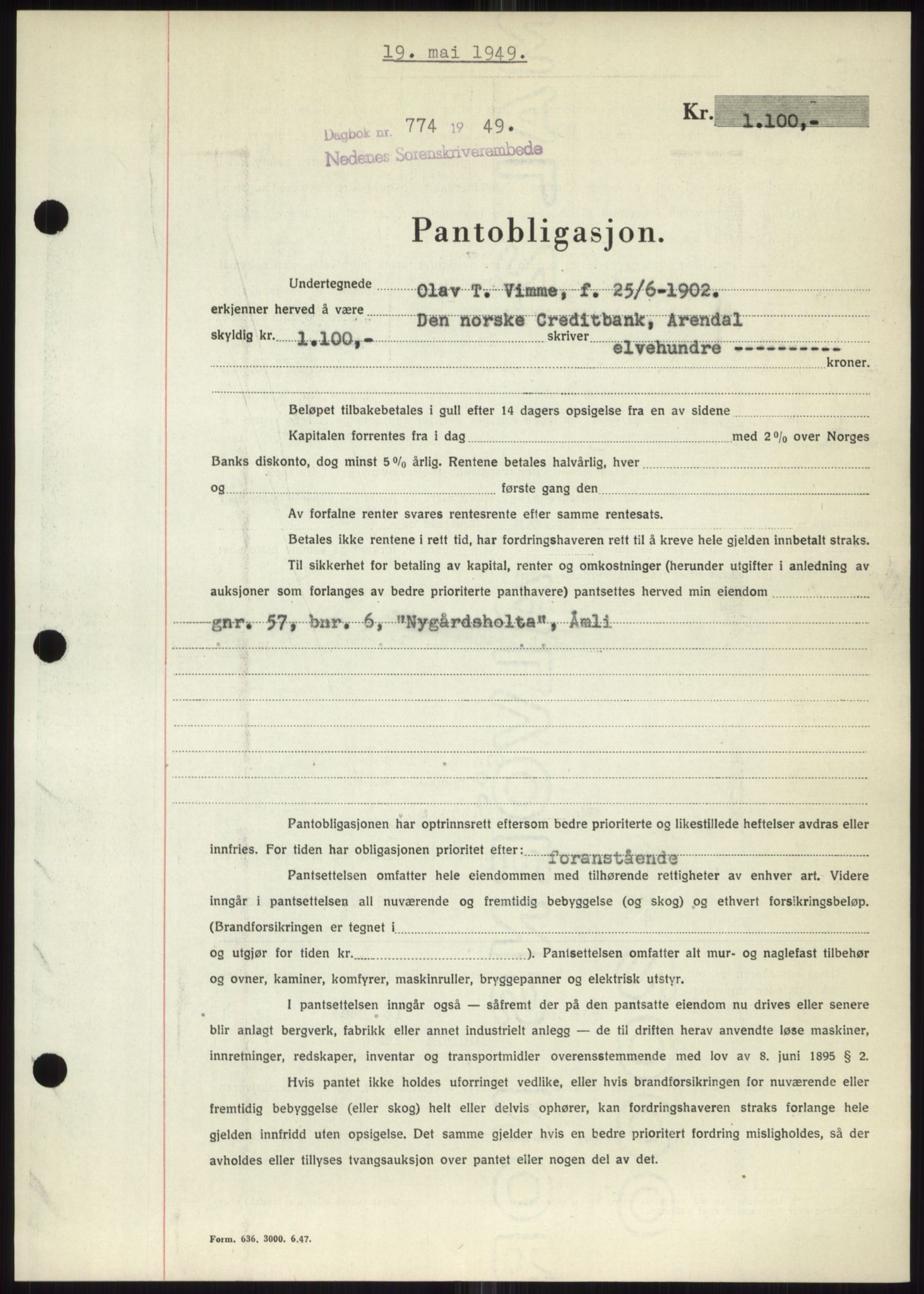 Nedenes sorenskriveri, SAK/1221-0006/G/Gb/Gbb/L0006: Mortgage book no. B6, 1948-1949, Diary no: : 774/1949