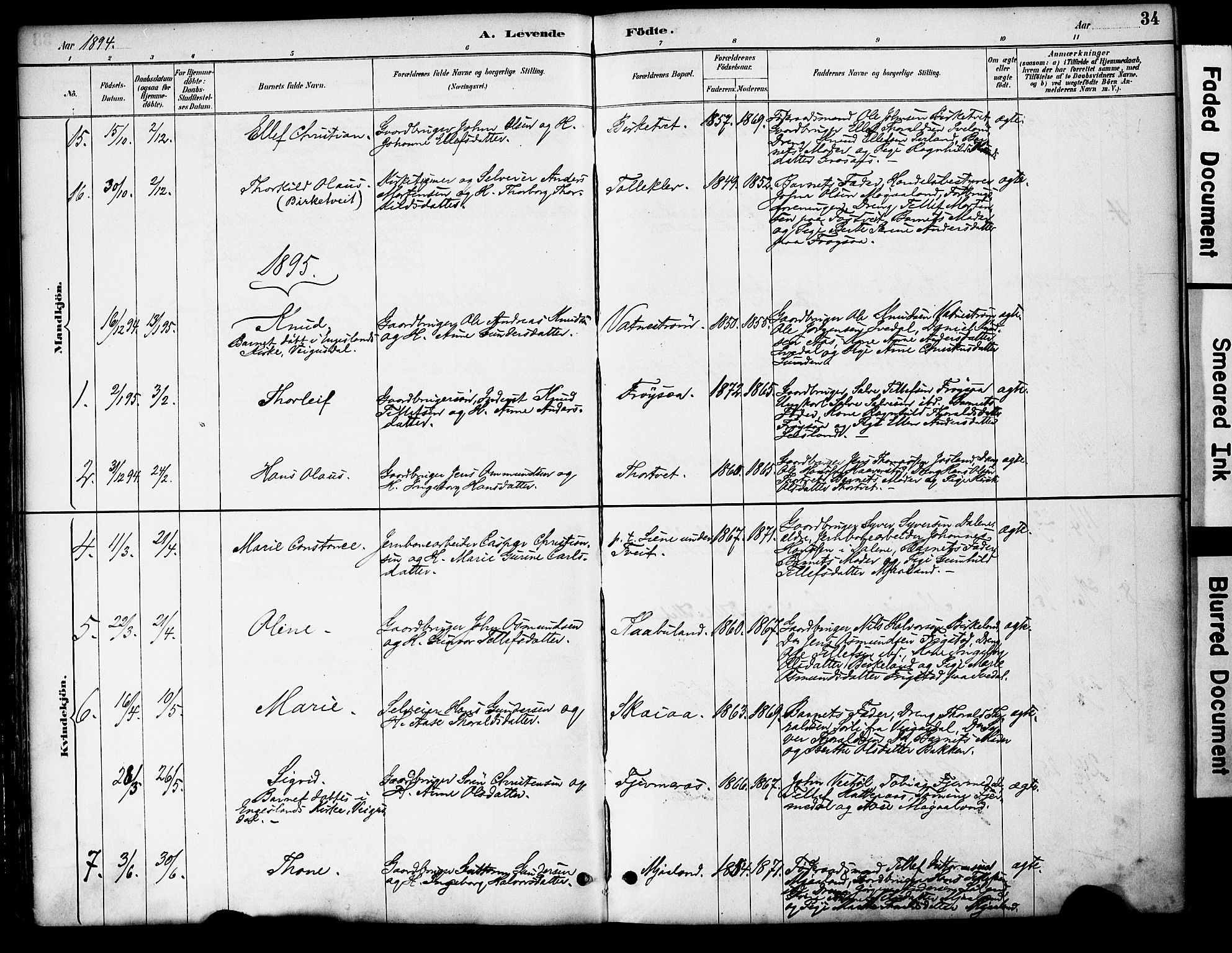 Evje sokneprestkontor, AV/SAK-1111-0008/F/Fa/Fac/L0003: Parish register (official) no. A 3, 1884-1909, p. 34