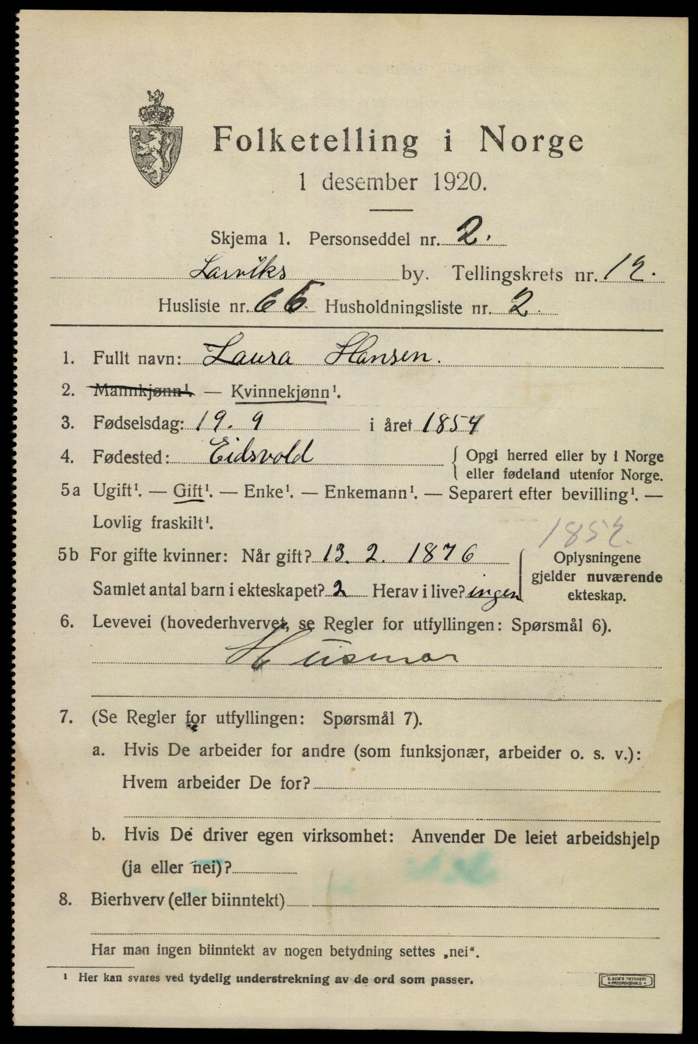 SAKO, 1920 census for Larvik, 1920, p. 31534