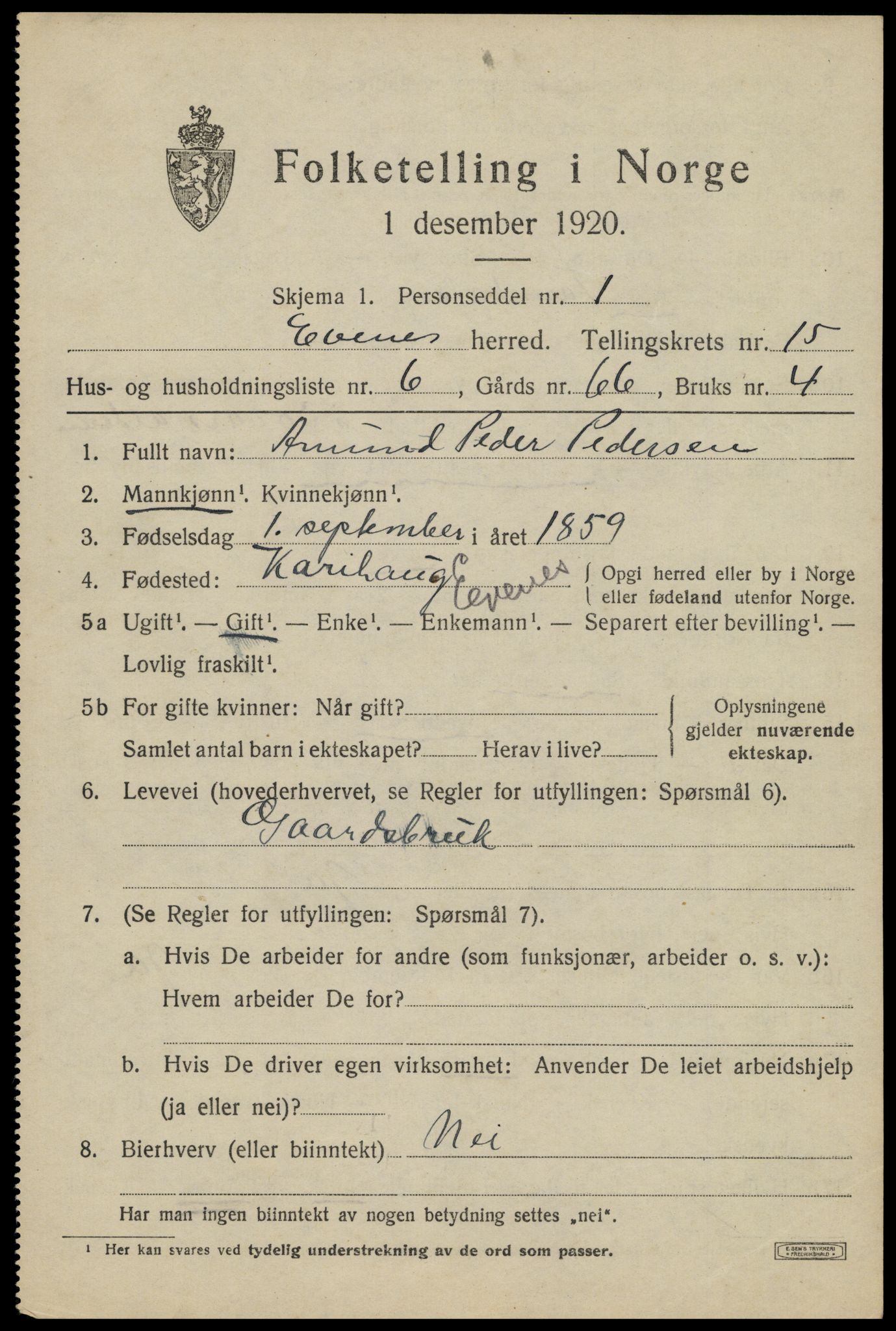 SAT, 1920 census for Evenes, 1920, p. 12800