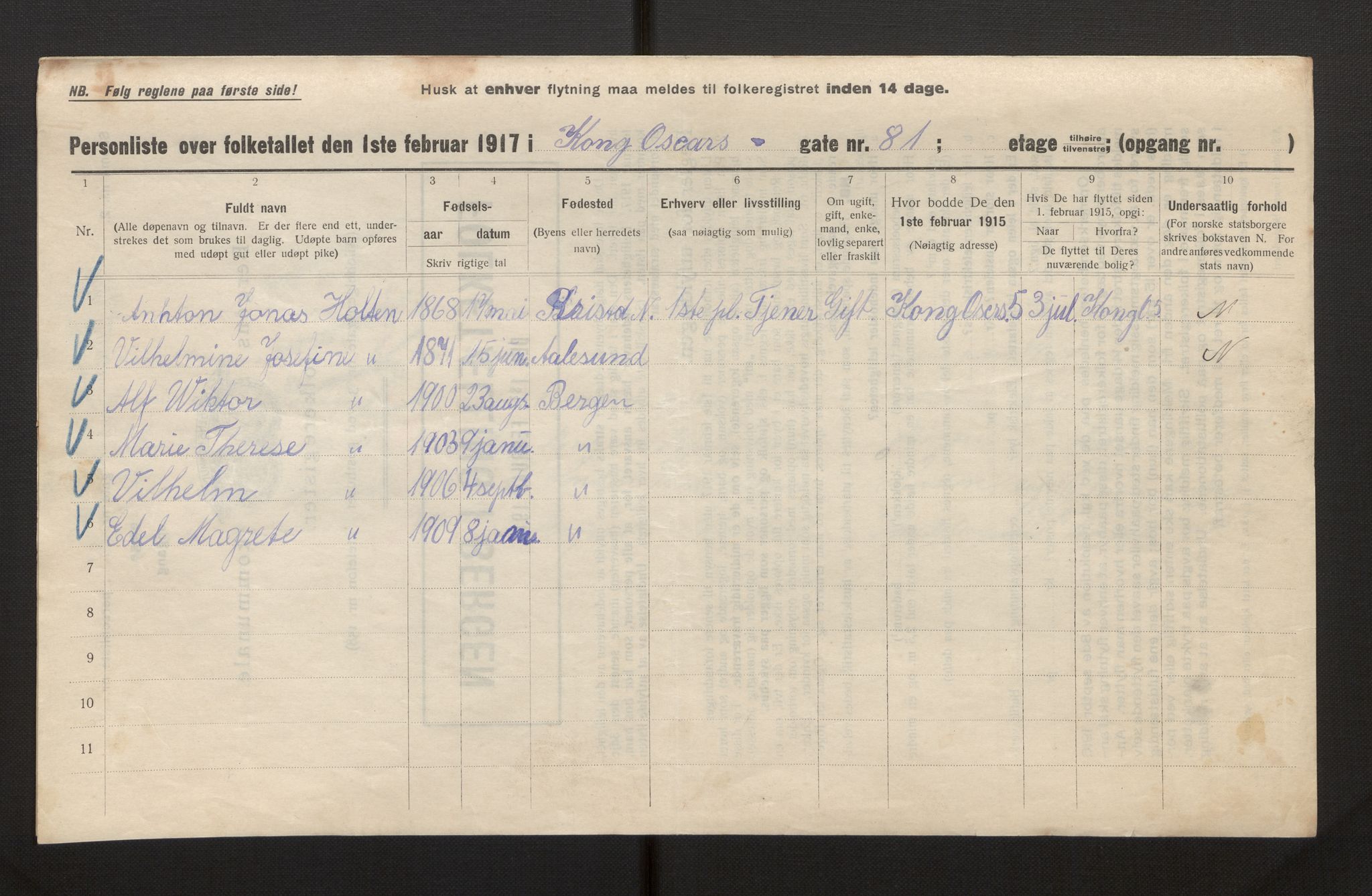 SAB, Municipal Census 1917 for Bergen, 1917, p. 19396