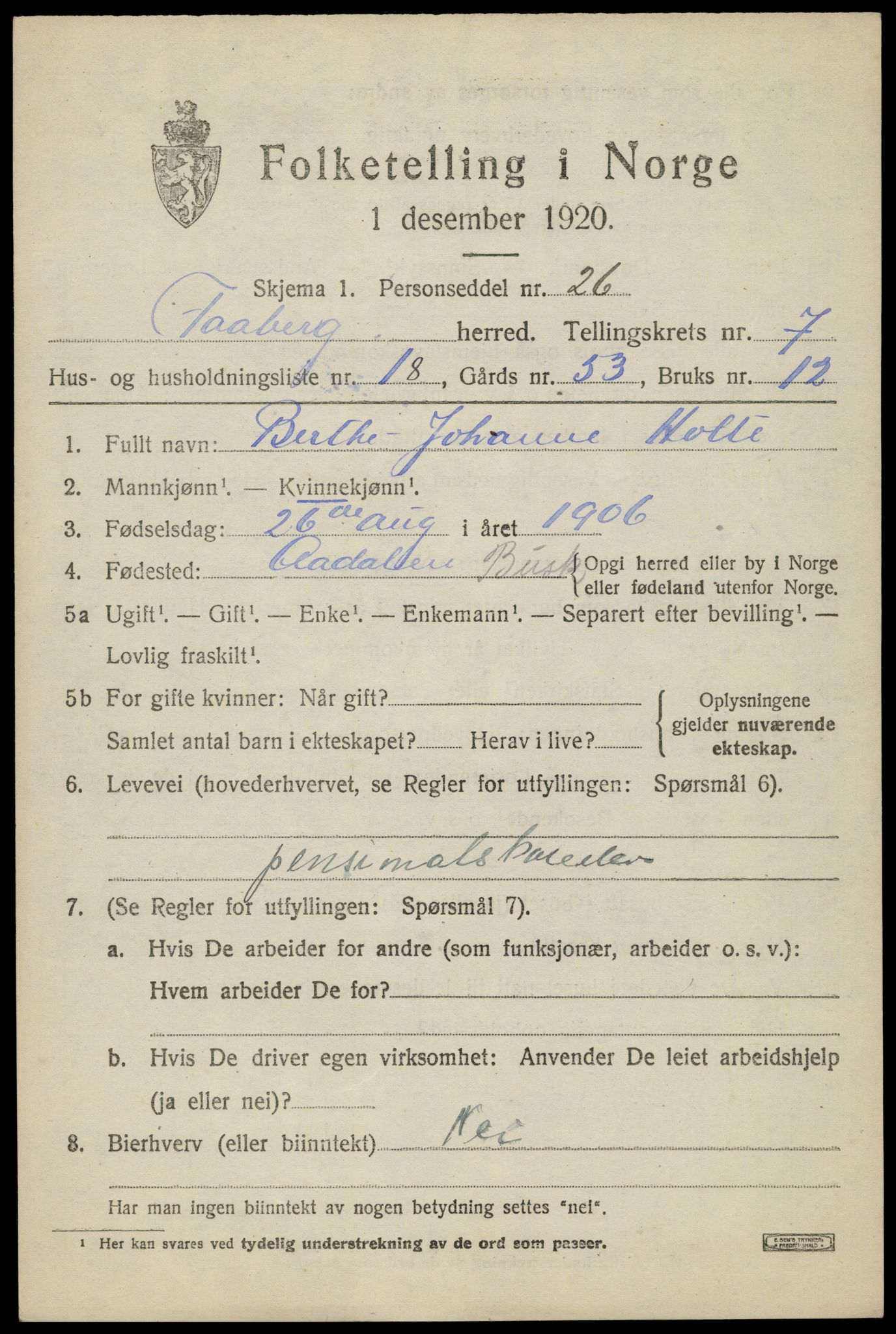 SAH, 1920 census for Fåberg, 1920, p. 8120
