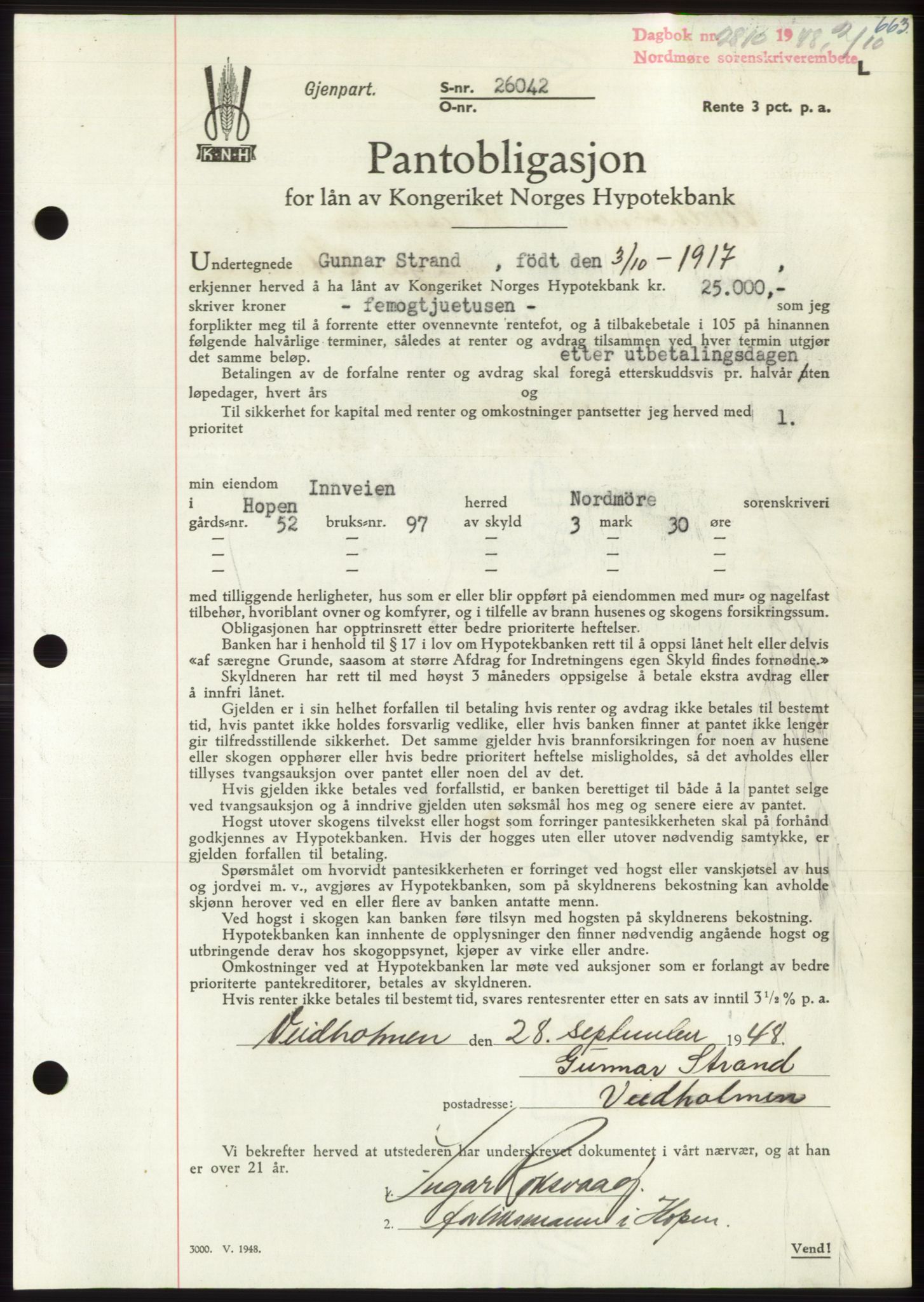 Nordmøre sorenskriveri, AV/SAT-A-4132/1/2/2Ca: Mortgage book no. B99, 1948-1948, Diary no: : 2810/1948