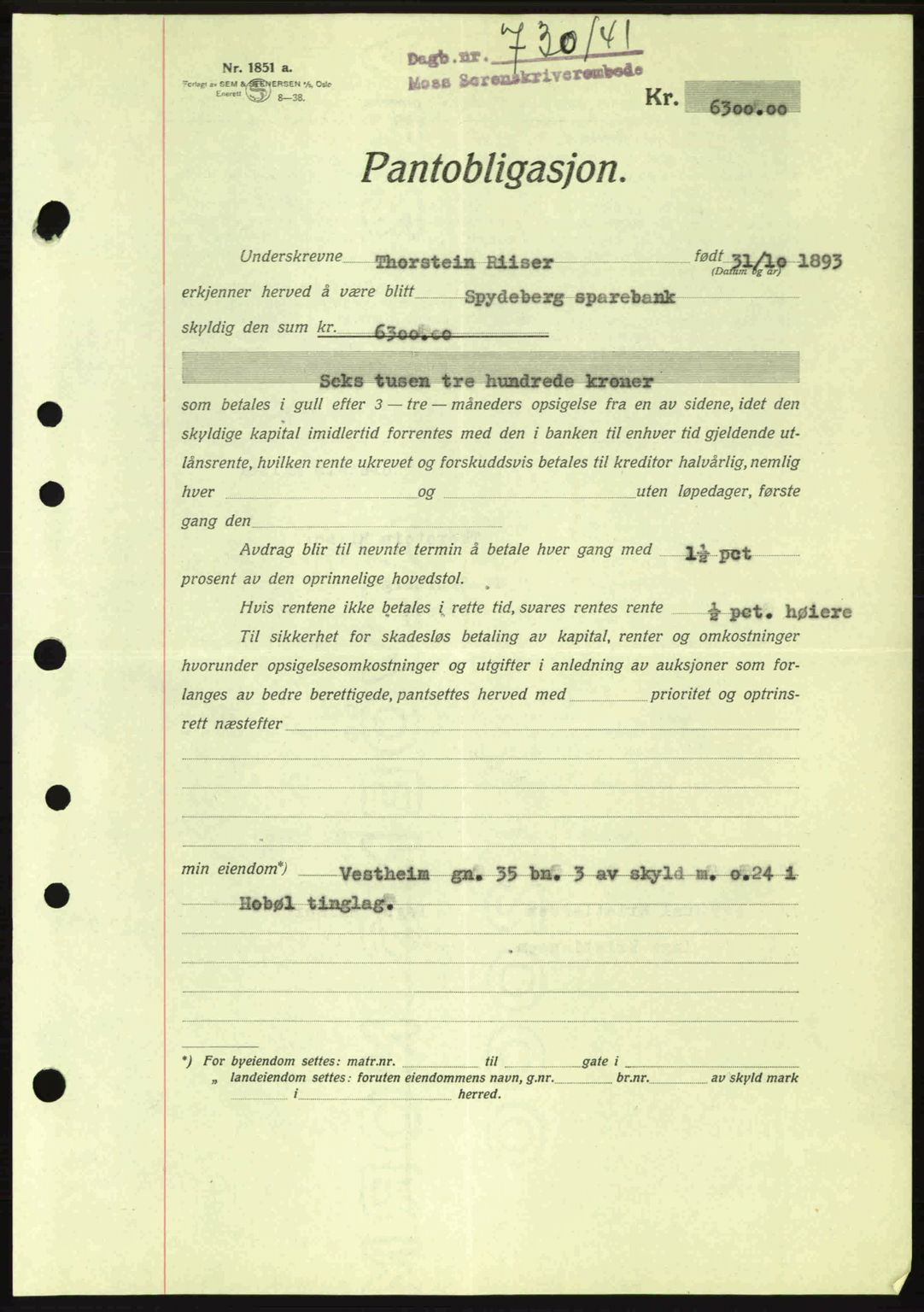 Moss sorenskriveri, SAO/A-10168: Mortgage book no. B10, 1940-1941, Diary no: : 730/1941
