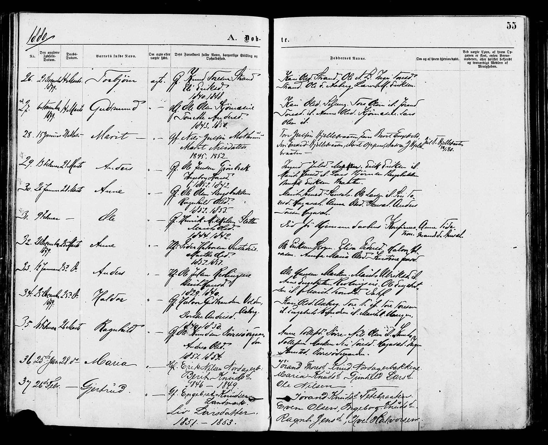 Nord-Aurdal prestekontor, SAH/PREST-132/H/Ha/Haa/L0009: Parish register (official) no. 9, 1876-1882, p. 55