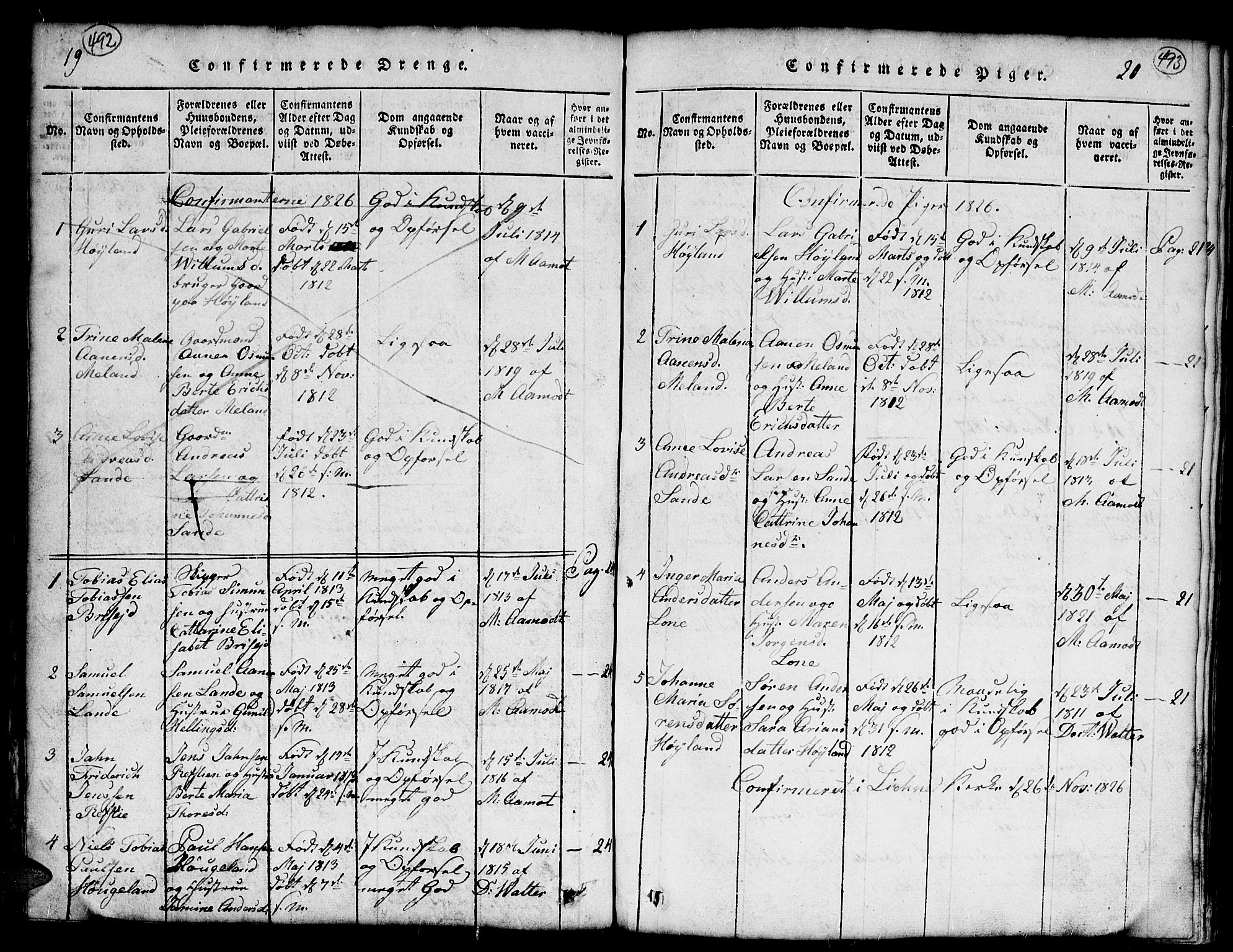 Kvinesdal sokneprestkontor, AV/SAK-1111-0026/F/Fb/Fba/L0001: Parish register (copy) no. B 1, 1815-1839, p. 492-493