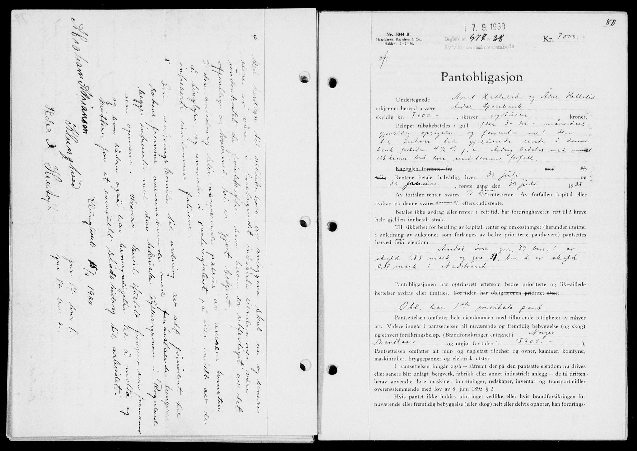 Ryfylke tingrett, SAST/A-100055/001/II/IIB/L0078: Mortgage book no. 57, 1938-1938, Diary no: : 977/1938