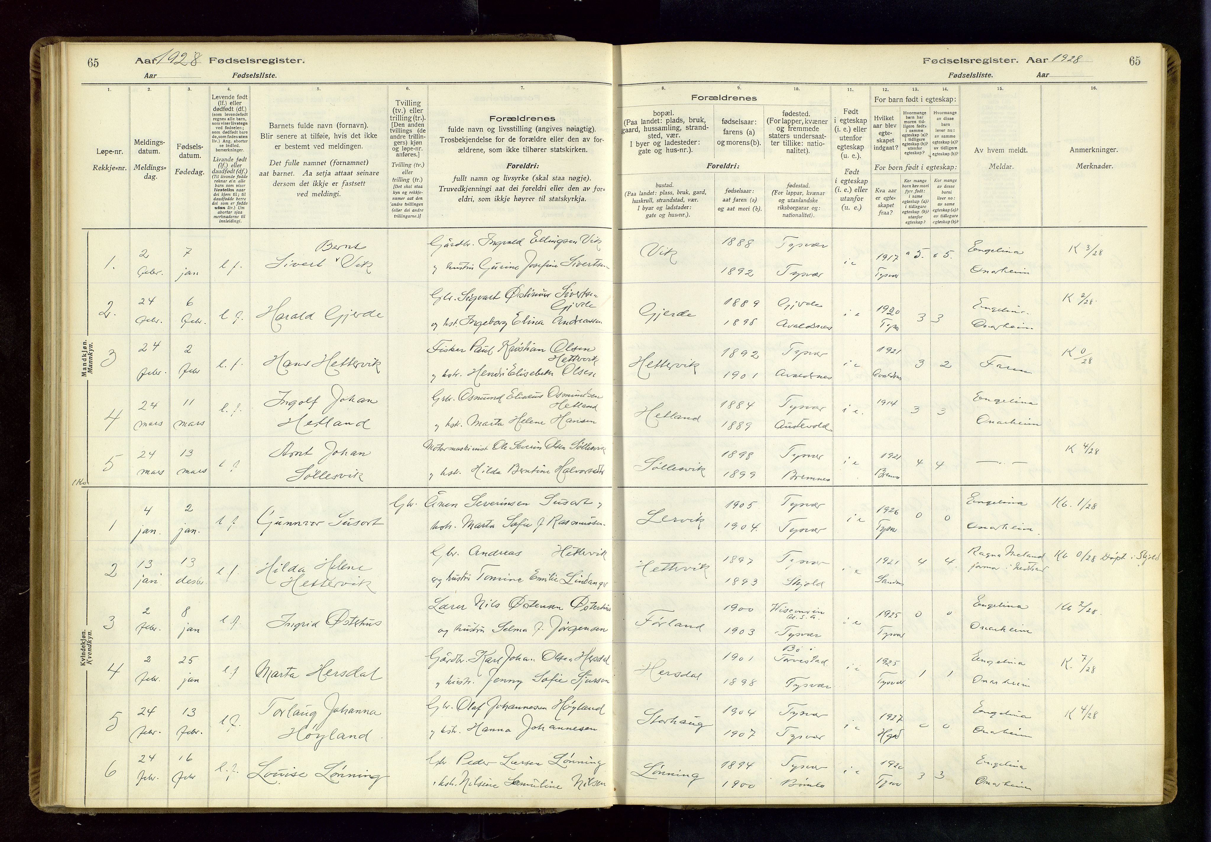 Tysvær sokneprestkontor, AV/SAST-A -101864/I/Id/L0001: Birth register no. 1, 1916-1954, p. 65