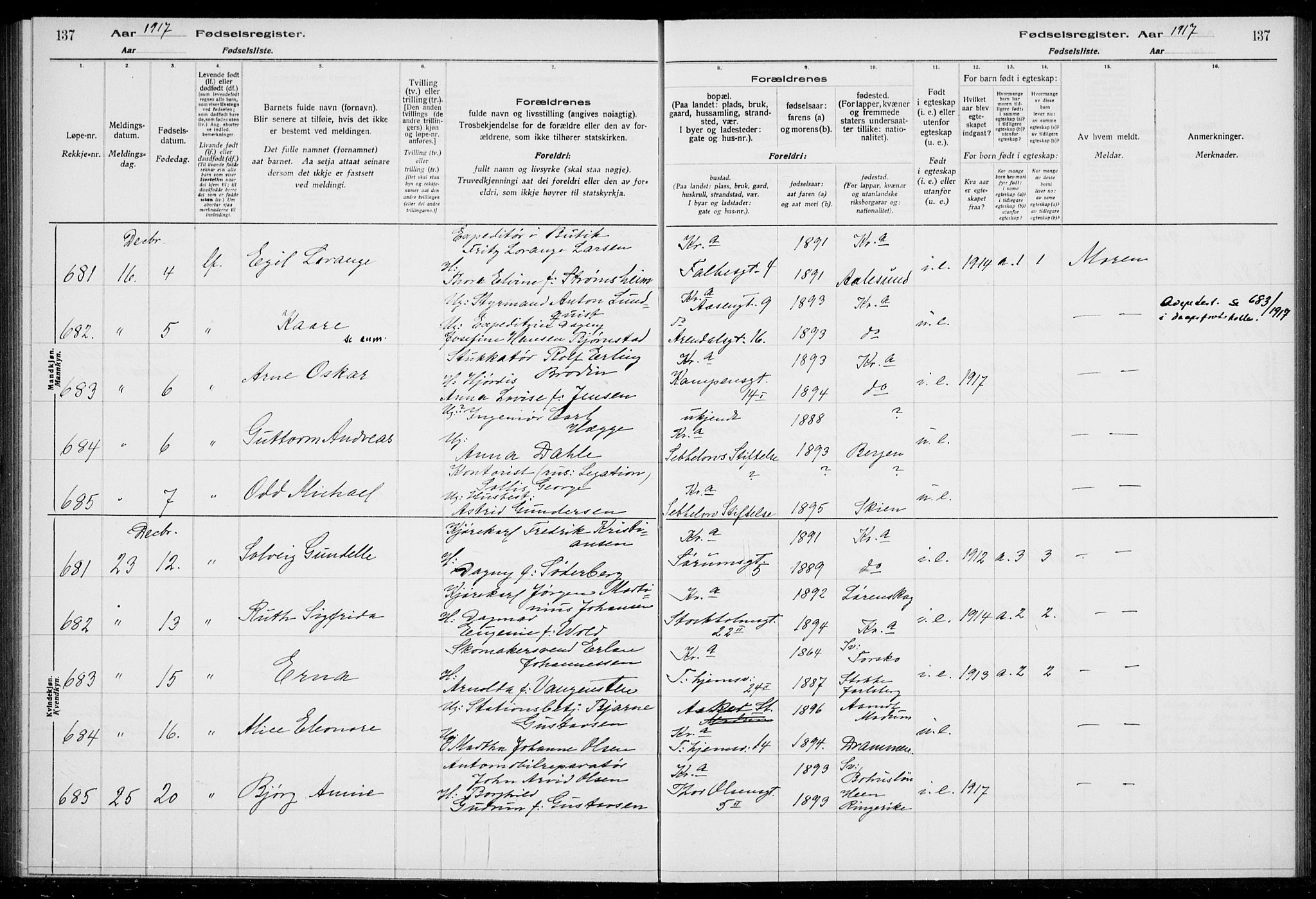 Rikshospitalet prestekontor Kirkebøker, AV/SAO-A-10309b/J/L0002: Birth register no. 2, 1917-1917, p. 137