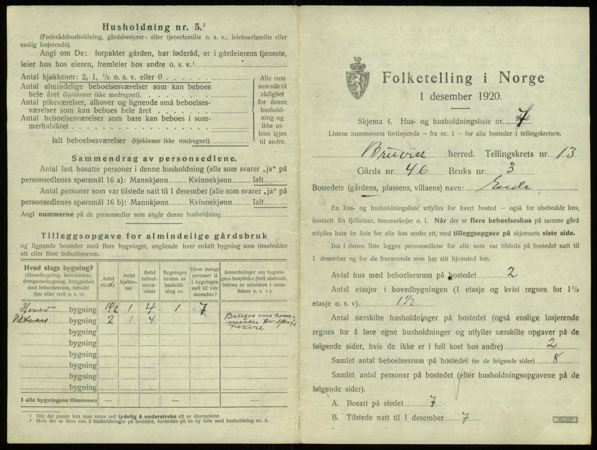 SAB, 1920 census for Bruvik, 1920, p. 895