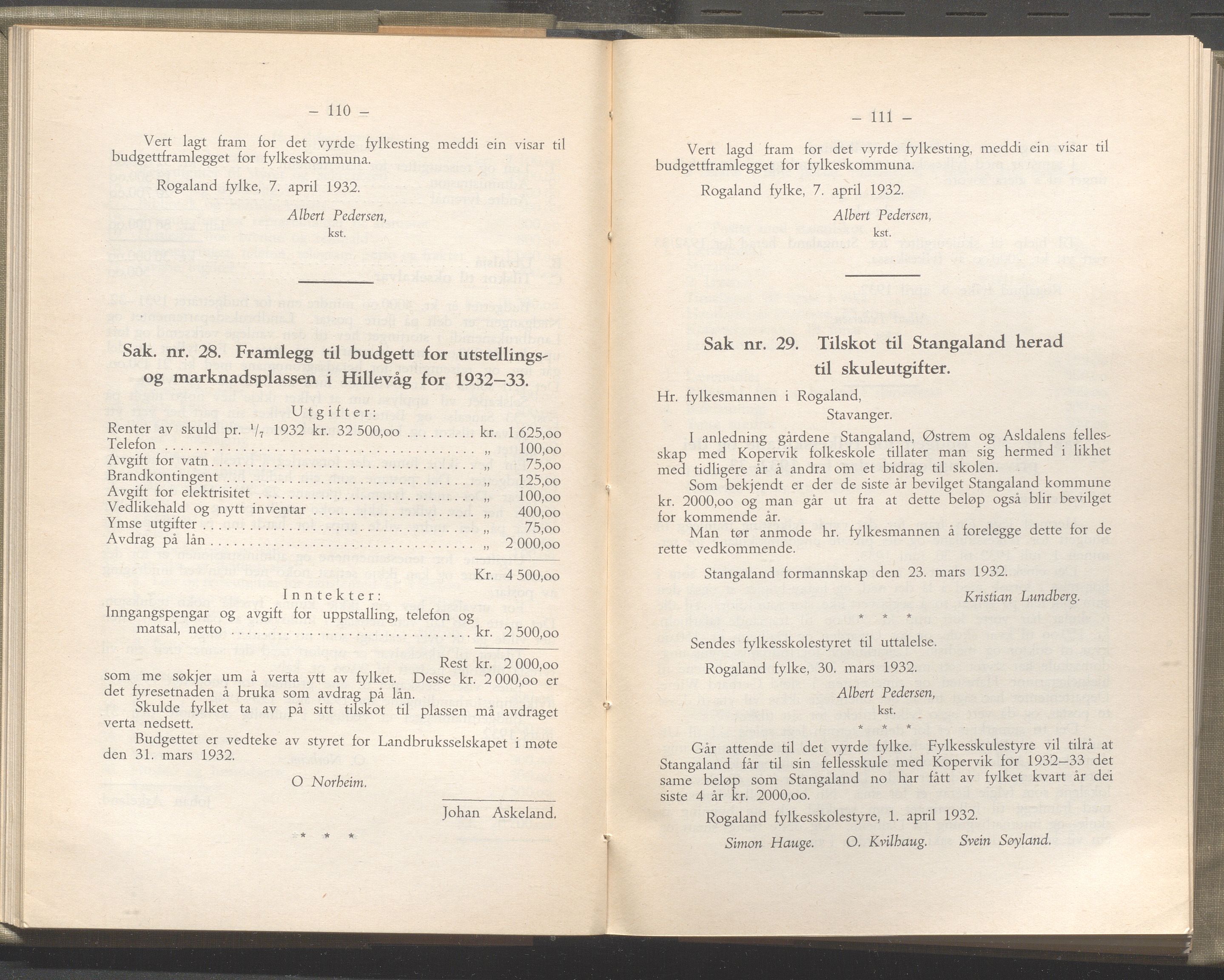 Rogaland fylkeskommune - Fylkesrådmannen , IKAR/A-900/A/Aa/Aaa/L0051: Møtebok , 1932, p. 110-111