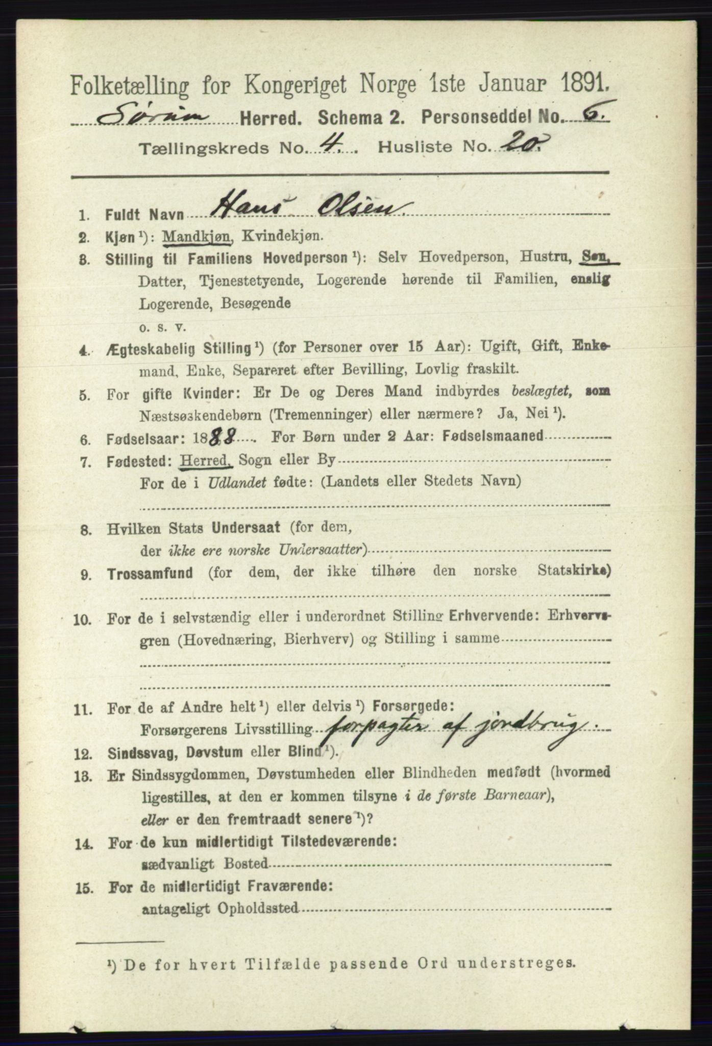 RA, 1891 census for 0226 Sørum, 1891, p. 2011