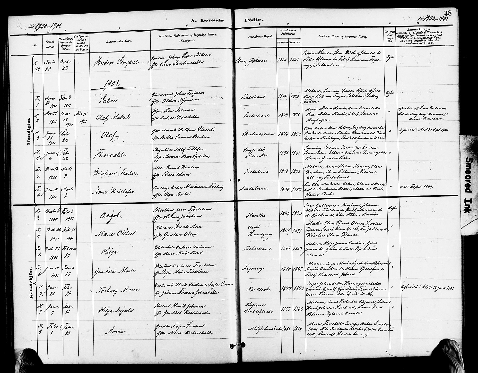 Holt sokneprestkontor, SAK/1111-0021/F/Fb/L0011: Parish register (copy) no. B 11, 1897-1921, p. 38