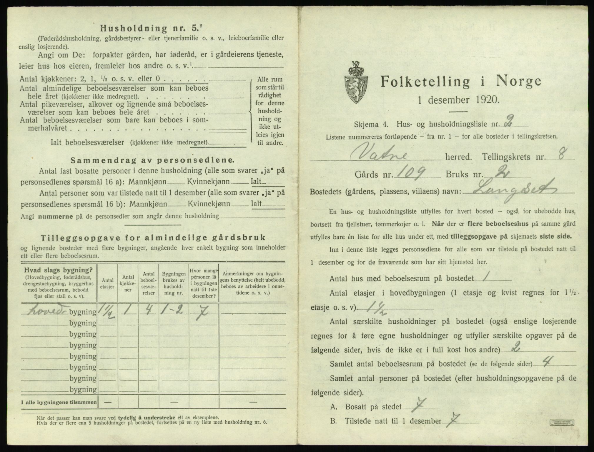 SAT, 1920 census for Vatne, 1920, p. 458