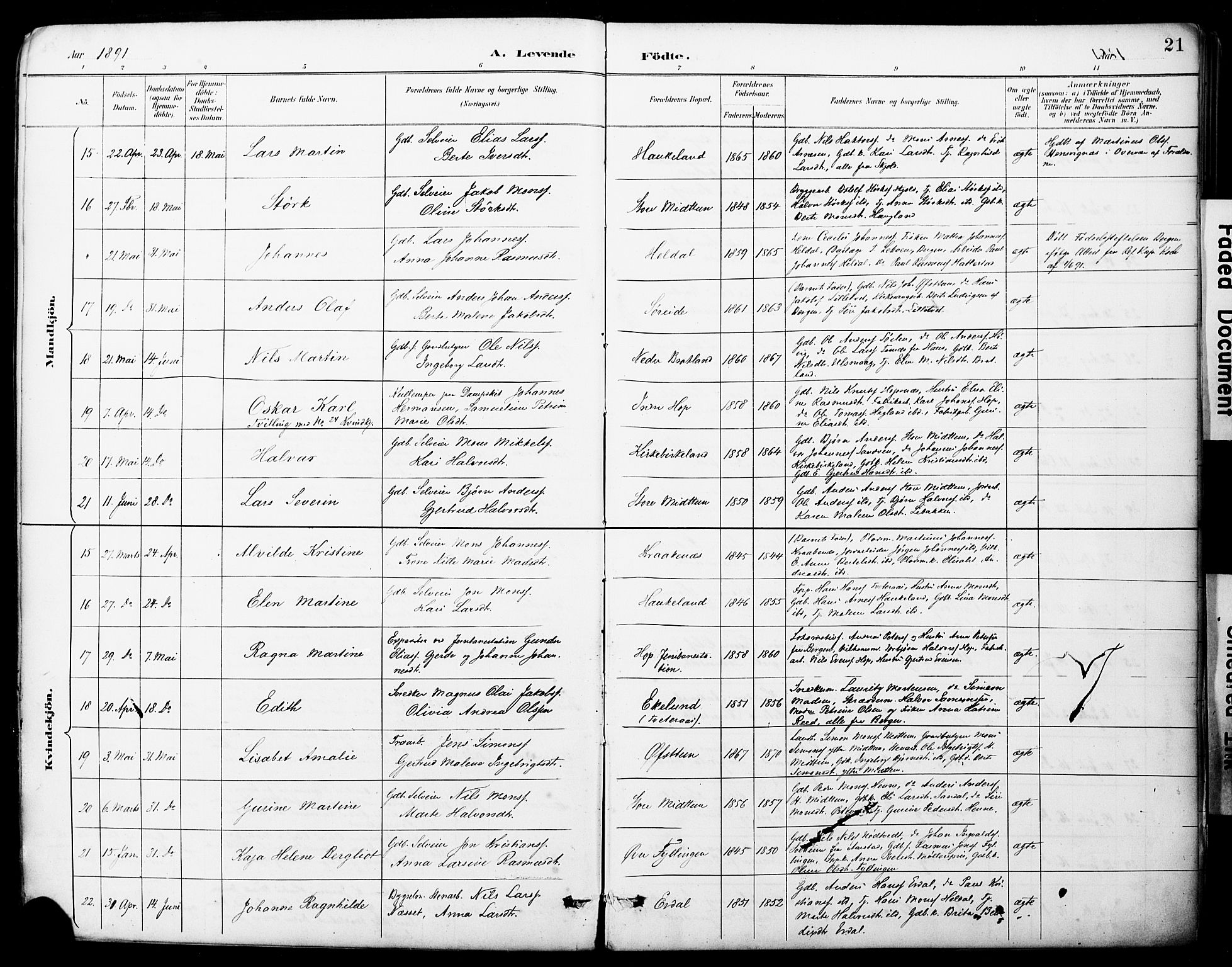 Fana Sokneprestembete, AV/SAB-A-75101/H/Haa/Haai/L0002: Parish register (official) no. I 2, 1888-1899, p. 21