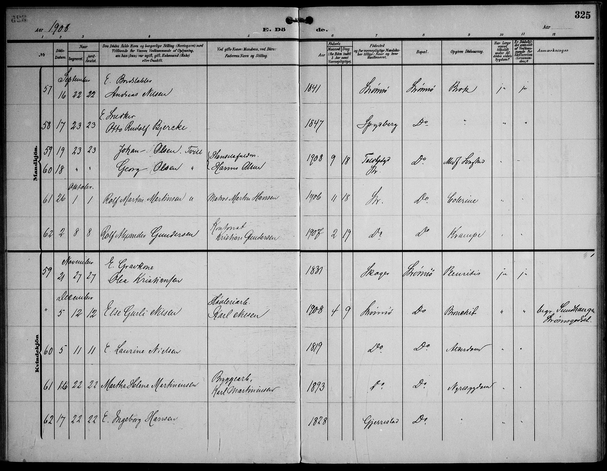 Strømsø kirkebøker, AV/SAKO-A-246/F/Fa/L0026: Parish register (official) no. I 26, 1905-1914, p. 325