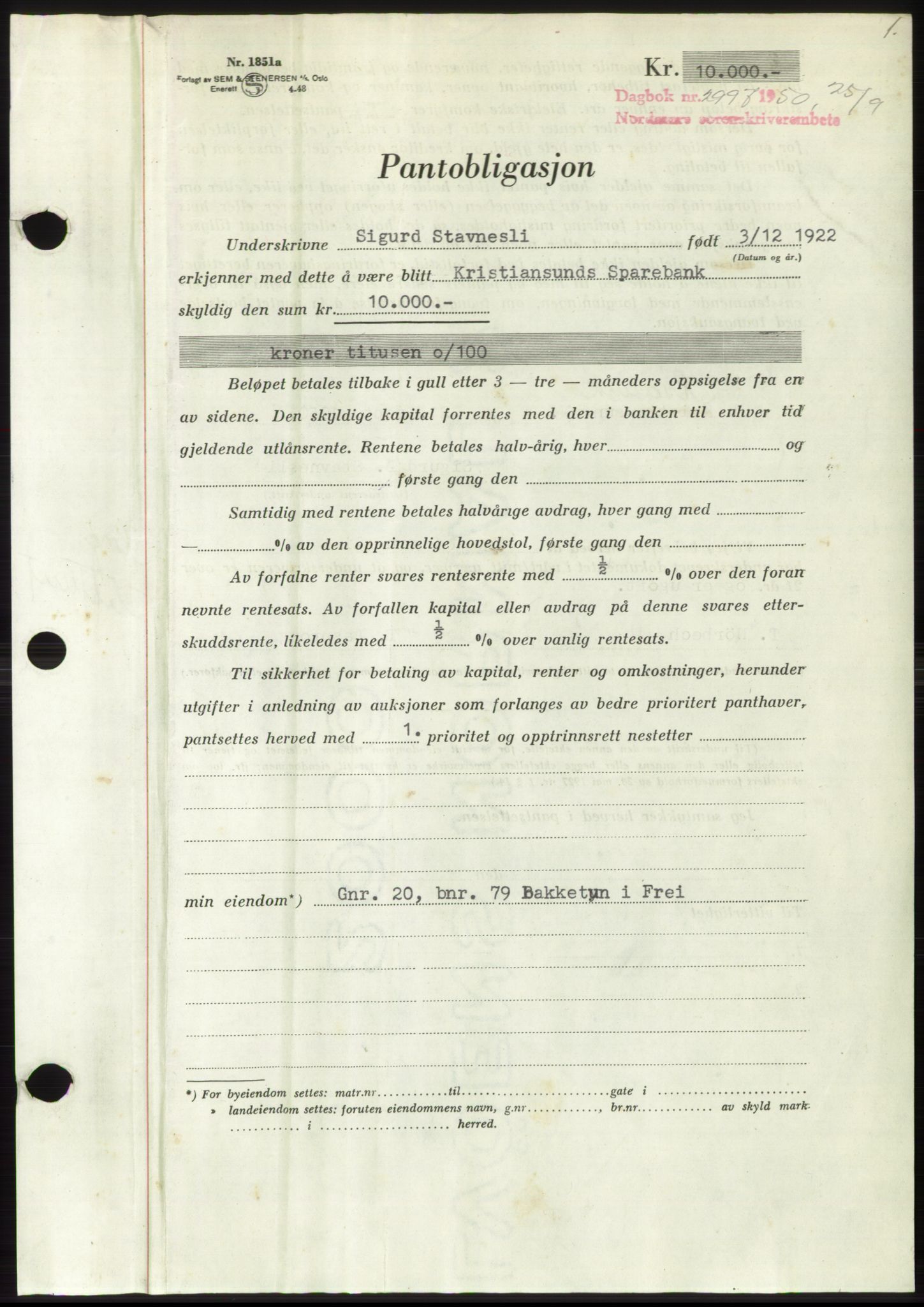 Nordmøre sorenskriveri, AV/SAT-A-4132/1/2/2Ca: Mortgage book no. B106, 1950-1950, Diary no: : 2997/1950