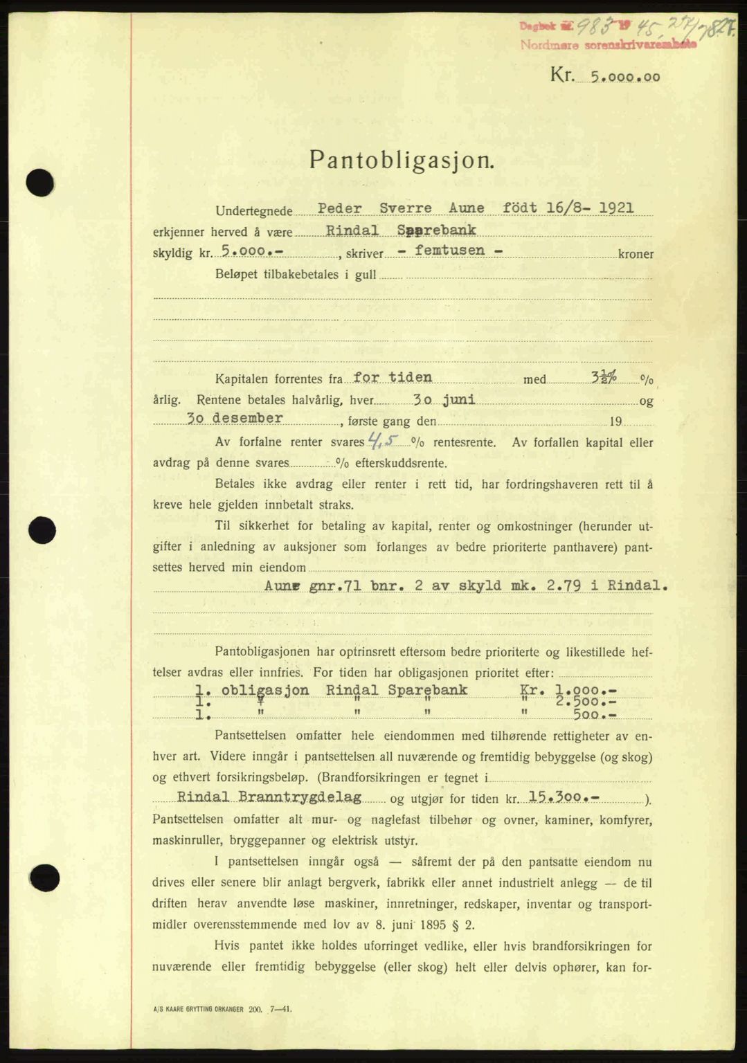 Nordmøre sorenskriveri, AV/SAT-A-4132/1/2/2Ca: Mortgage book no. B92, 1944-1945, Diary no: : 983/1945