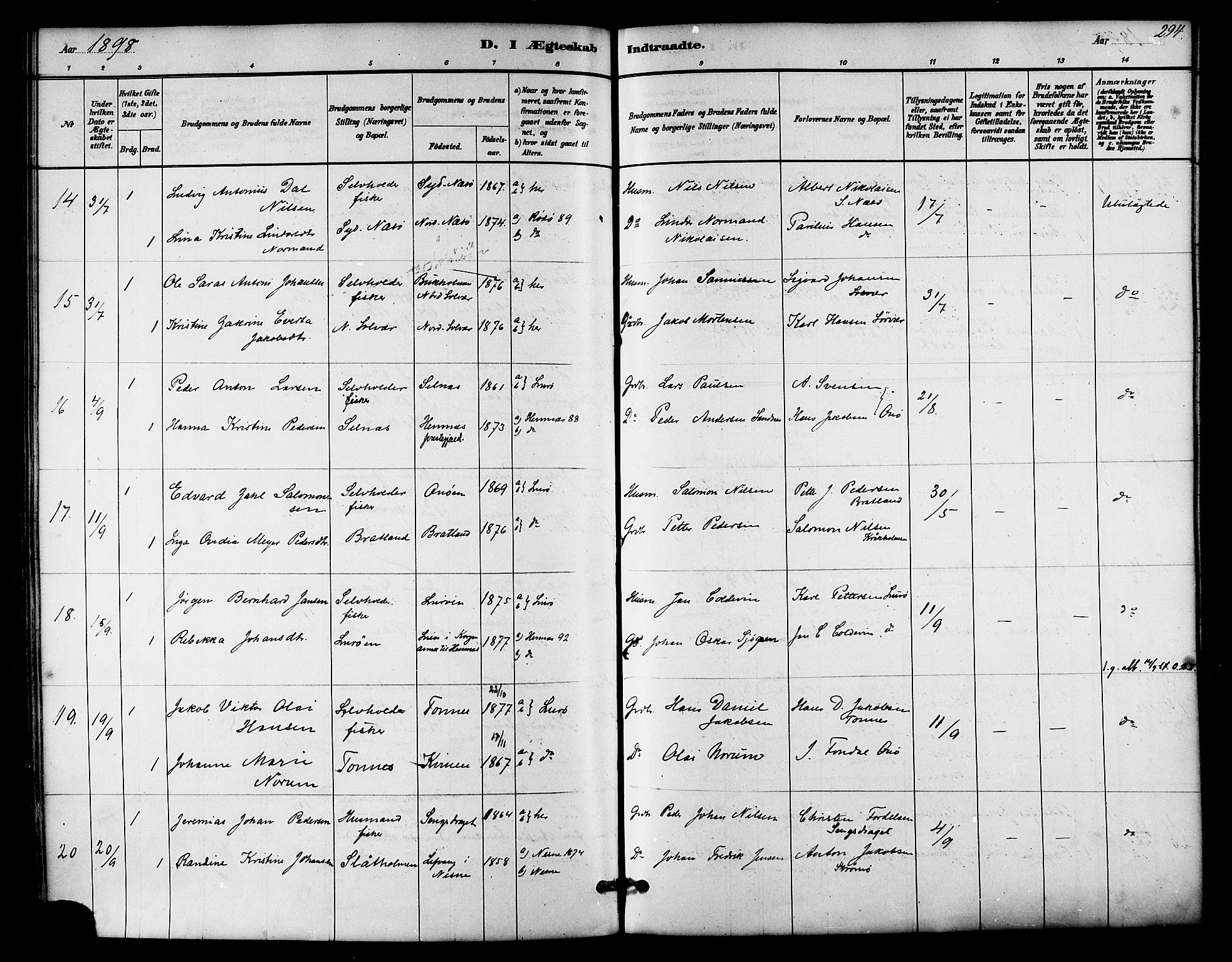 Ministerialprotokoller, klokkerbøker og fødselsregistre - Nordland, SAT/A-1459/839/L0568: Parish register (official) no. 839A05, 1880-1902, p. 294