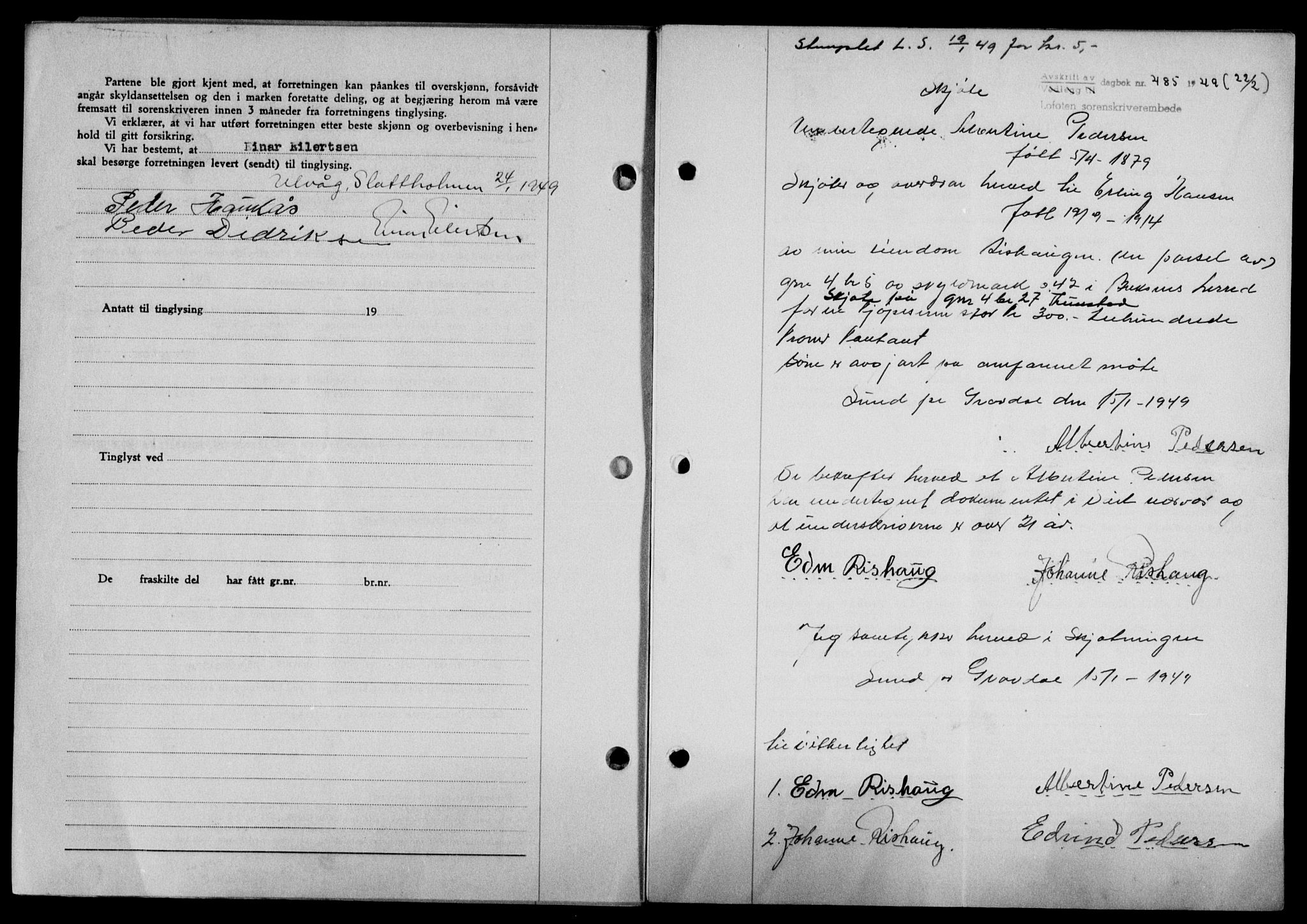 Lofoten sorenskriveri, SAT/A-0017/1/2/2C/L0020a: Mortgage book no. 20a, 1948-1949, Diary no: : 485/1949