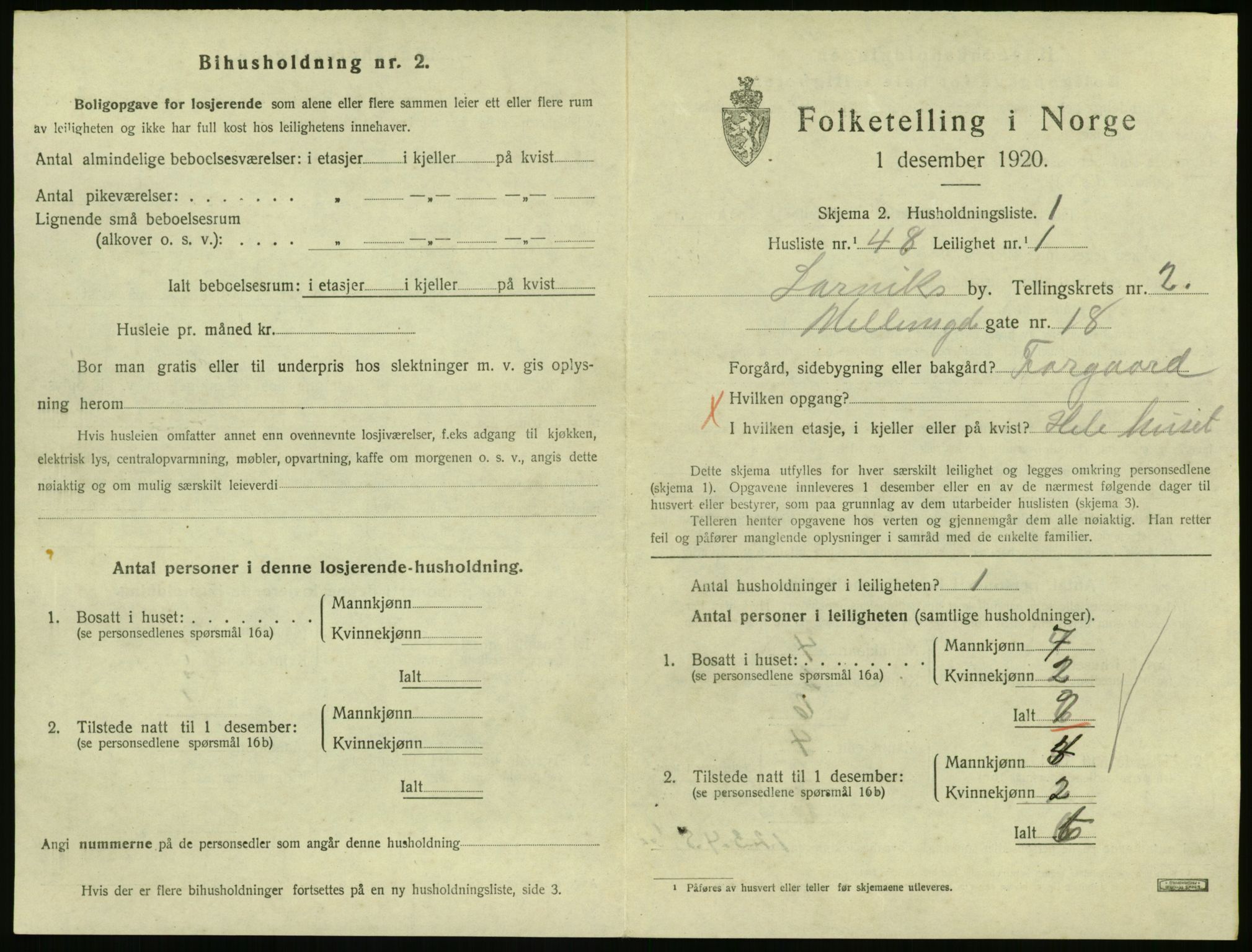 SAKO, 1920 census for Larvik, 1920, p. 3594