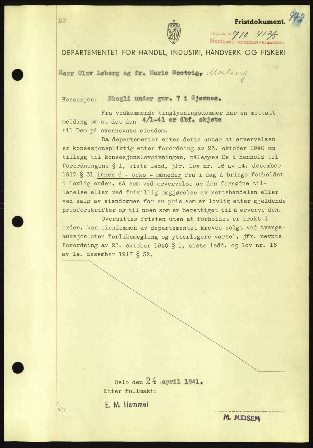 Nordmøre sorenskriveri, AV/SAT-A-4132/1/2/2Ca: Mortgage book no. B87, 1940-1941, Diary no: : 710/1941