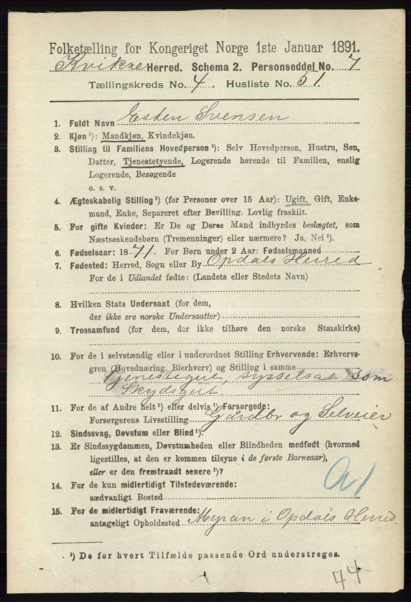 RA, 1891 census for 0440 Kvikne, 1891, p. 1274