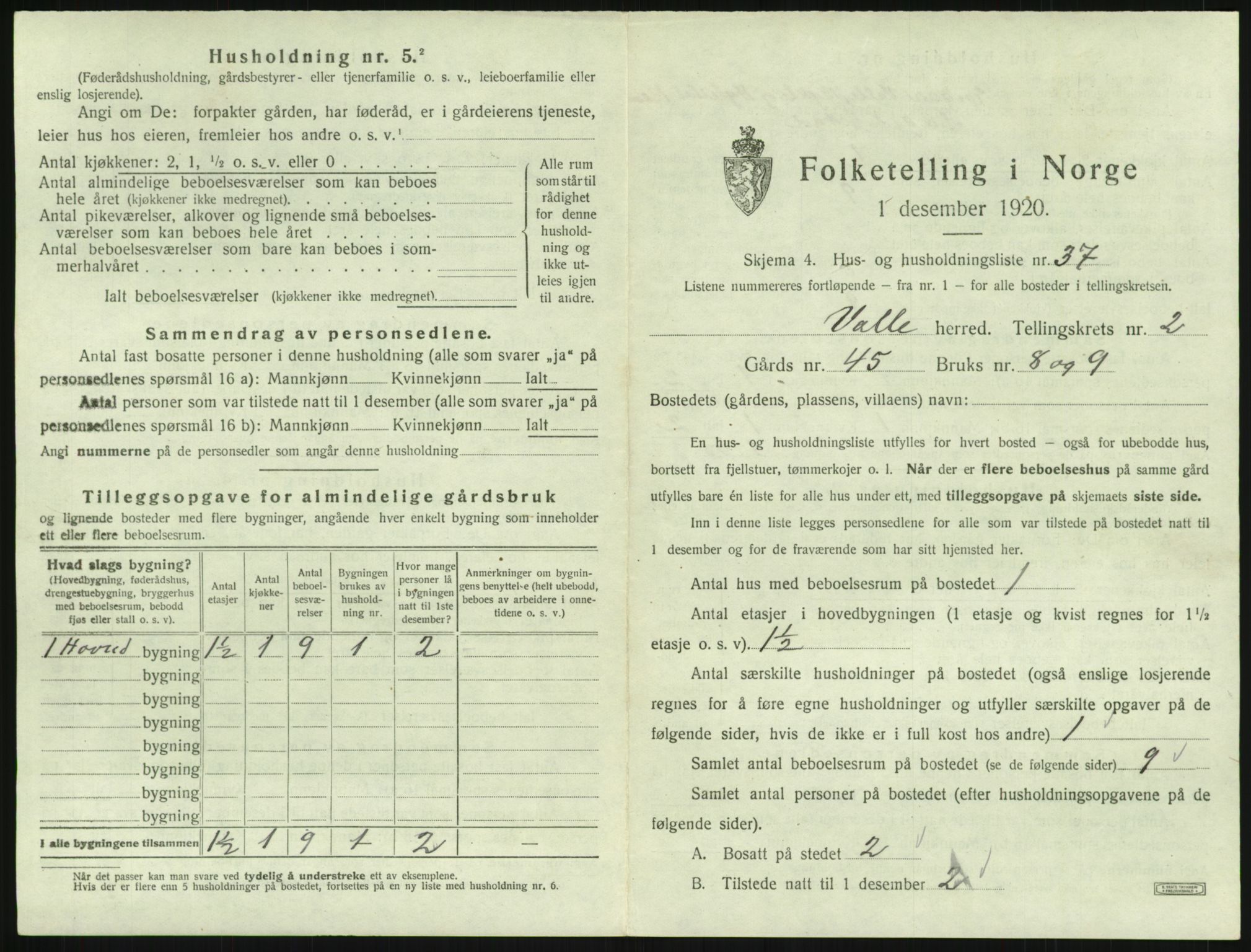 SAK, 1920 census for Valle, 1920, p. 189