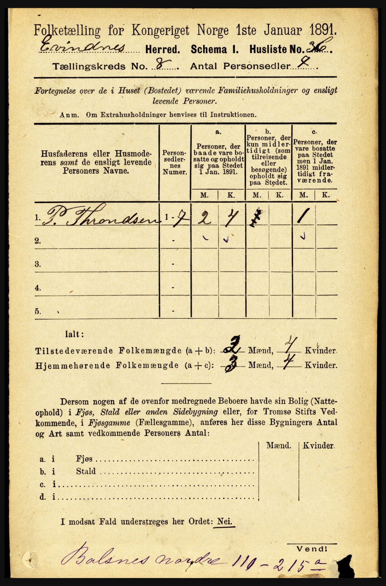 RA, 1891 census for 1853 Evenes, 1891, p. 2509