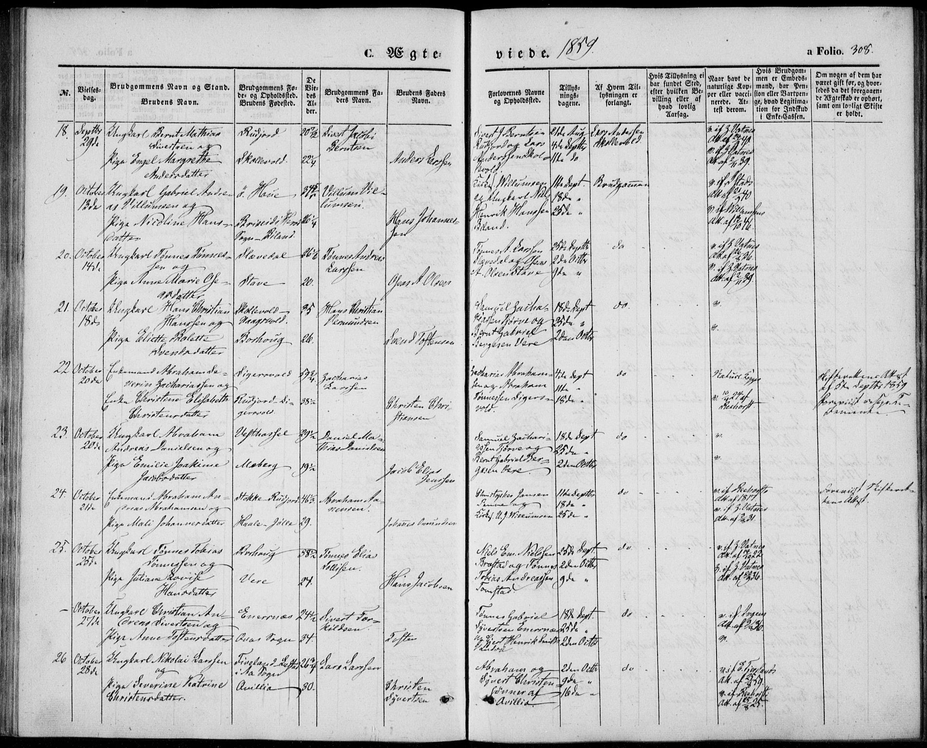 Lista sokneprestkontor, AV/SAK-1111-0027/F/Fb/L0002: Parish register (copy) no. B 2, 1847-1862, p. 308