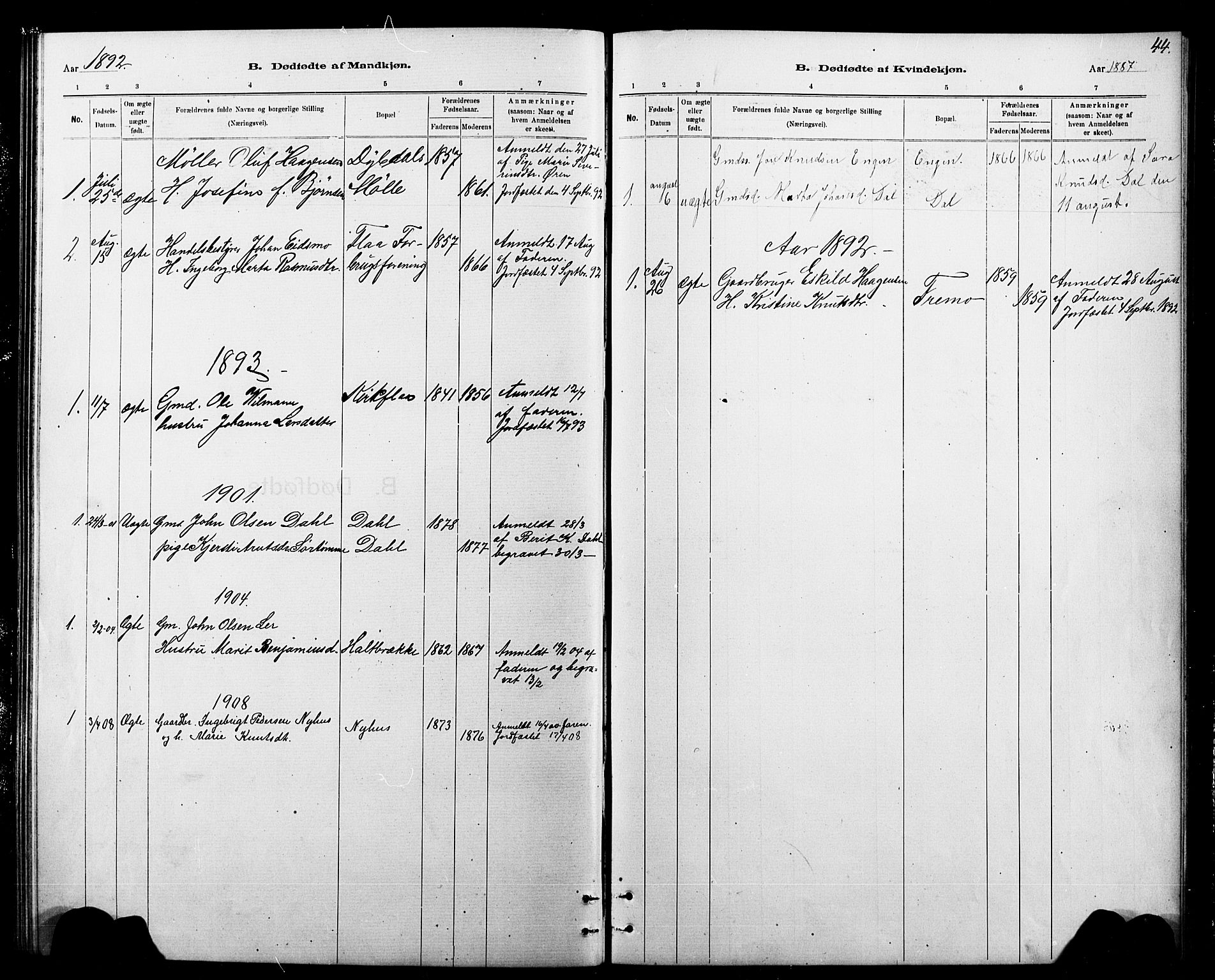 Ministerialprotokoller, klokkerbøker og fødselsregistre - Sør-Trøndelag, SAT/A-1456/693/L1123: Parish register (copy) no. 693C04, 1887-1910, p. 44