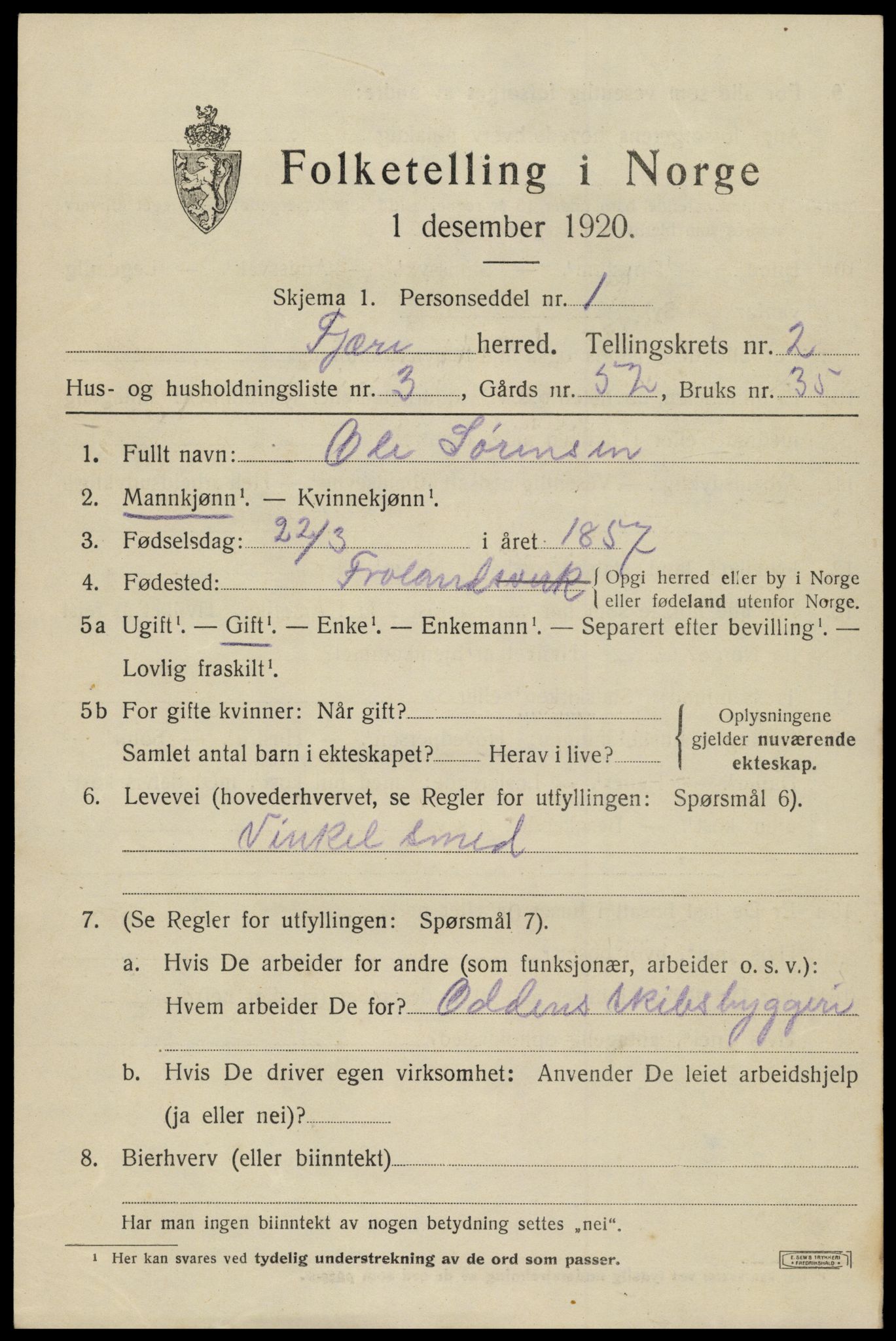 SAK, 1920 census for Fjære, 1920, p. 3263