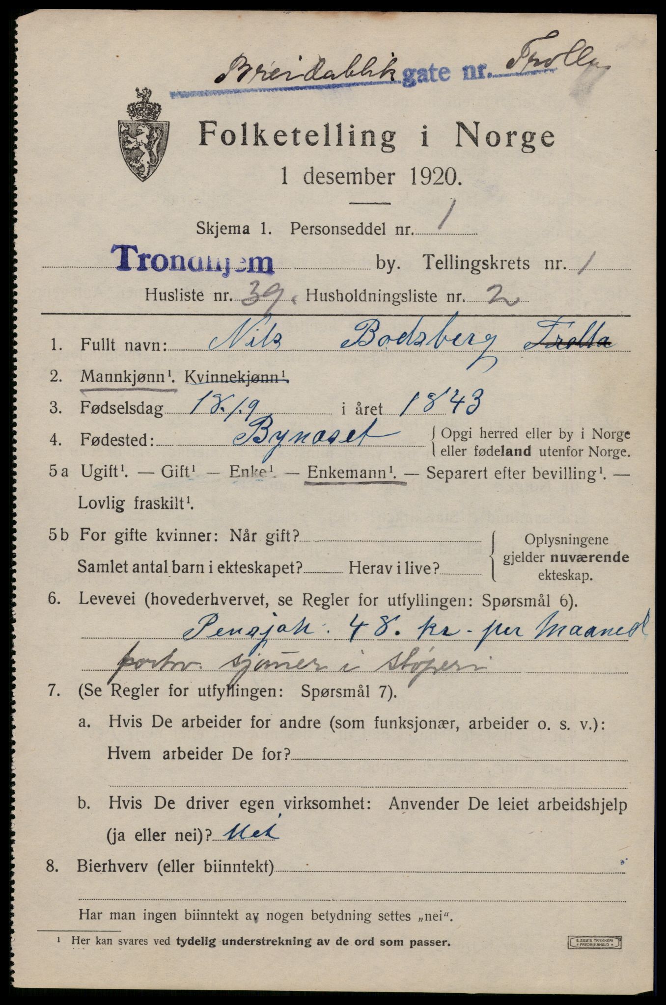 SAT, 1920 census for Trondheim, 1920, p. 33296