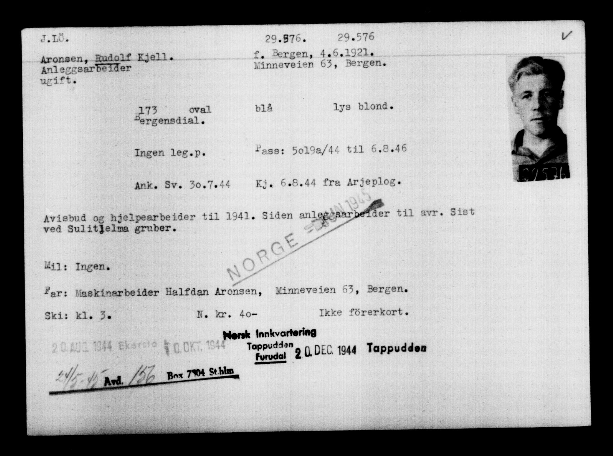 Utenriksstasjonene, Legasjonen i Stockholm, Flyktningkontoret, AV/RA-S-6753/V/Va/L0012: Kjesäterkartoteket, flyktninger med registreringsnr. 28300-31566, 1940-1945, p. 1398