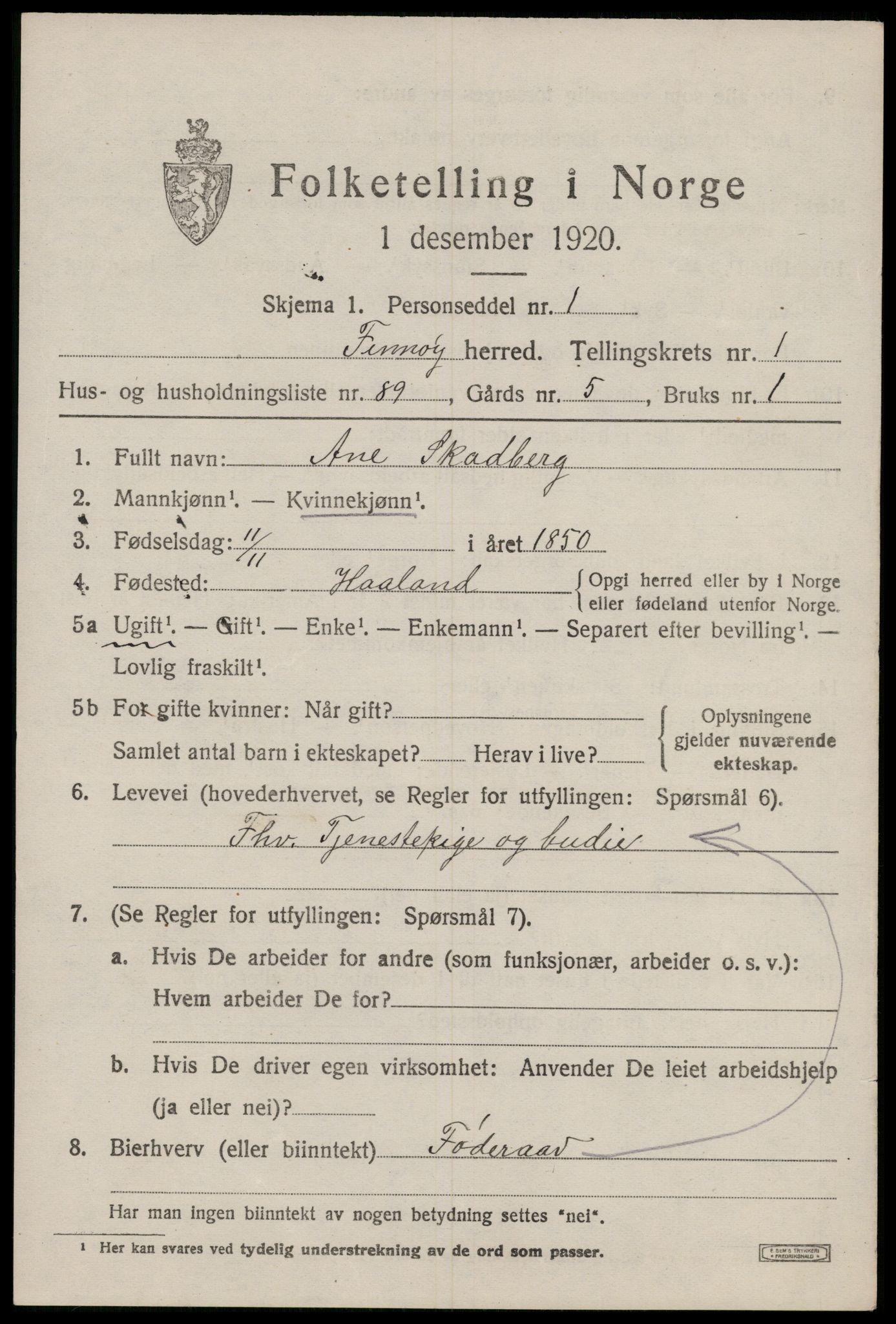SAST, 1920 census for Finnøy, 1920, p. 1298
