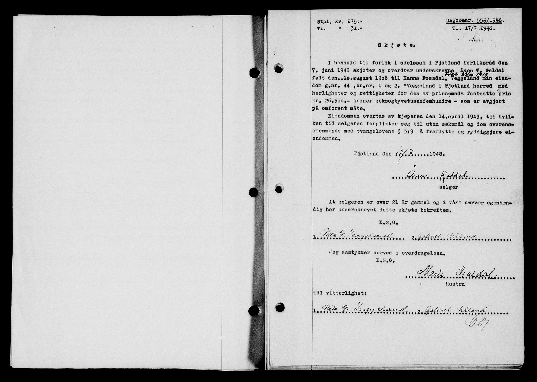 Flekkefjord sorenskriveri, SAK/1221-0001/G/Gb/Gba/L0064: Mortgage book no. A-12, 1948-1949, Diary no: : 556/1948