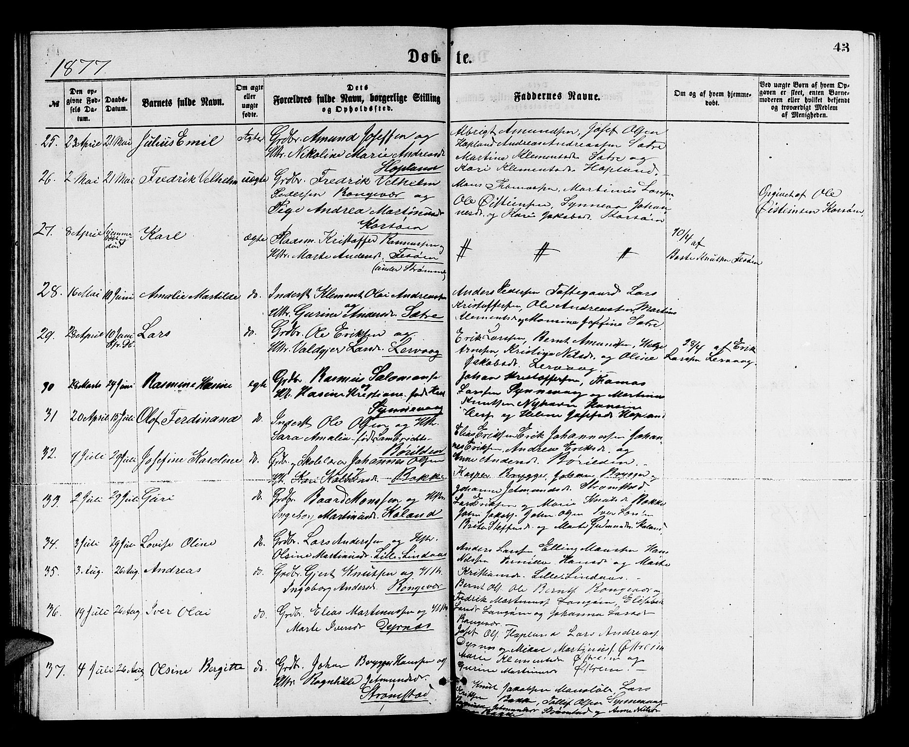 Lindås Sokneprestembete, SAB/A-76701/H/Hab: Parish register (copy) no. C 2, 1868-1885, p. 43