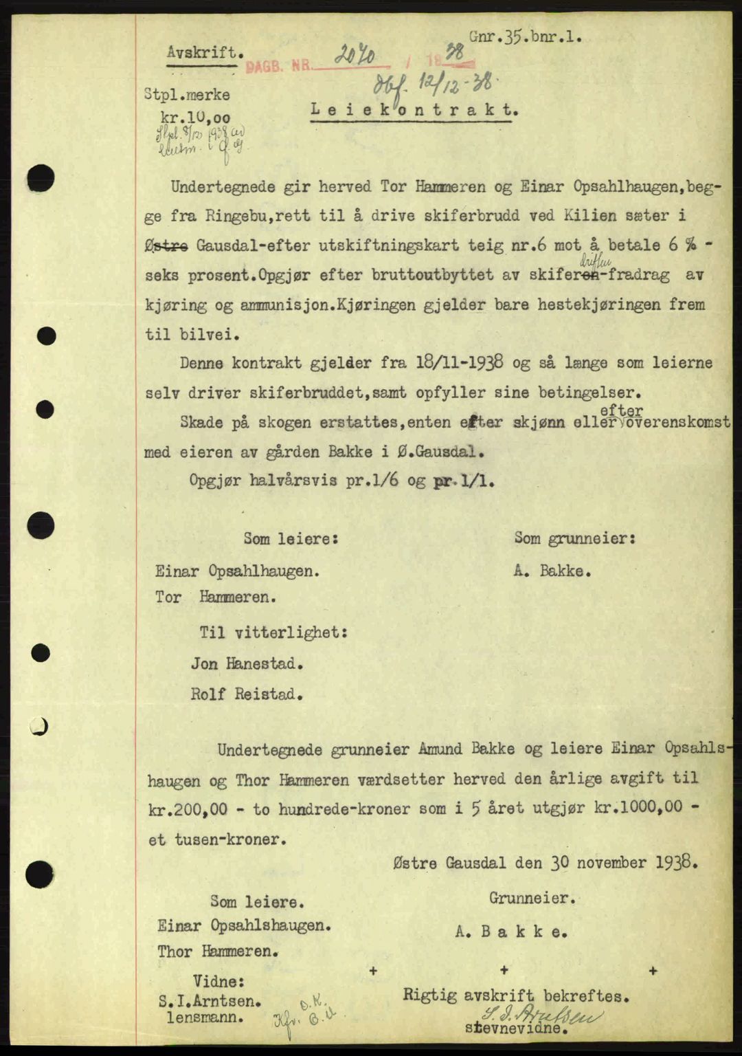 Sør-Gudbrandsdal tingrett, SAH/TING-004/H/Hb/Hbe/L0001: Mortgage book no. B1, 1936-1939, Diary no: : 2070/1938