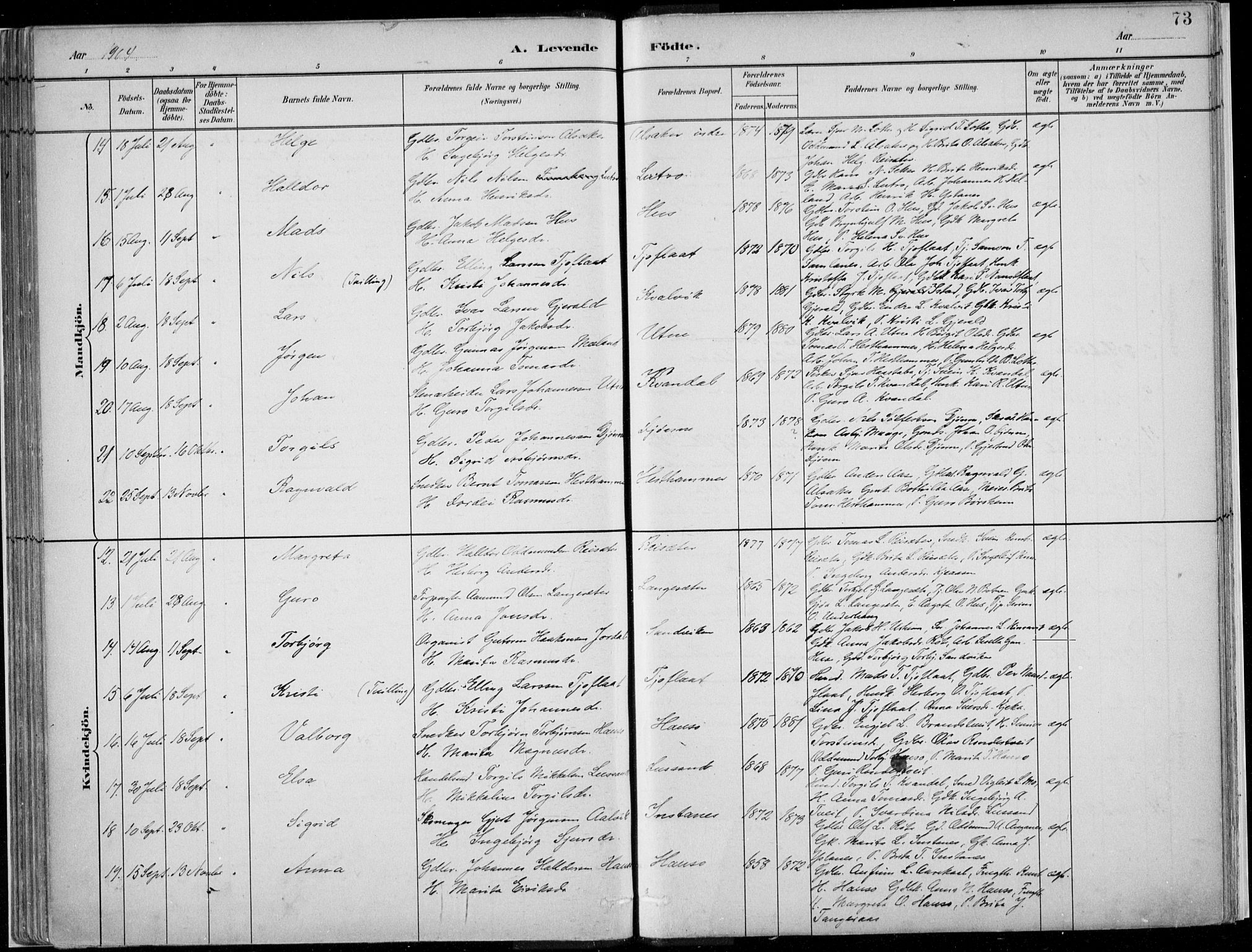 Ullensvang sokneprestembete, AV/SAB-A-78701/H/Haa: Parish register (official) no. E  1, 1882-1921, p. 73