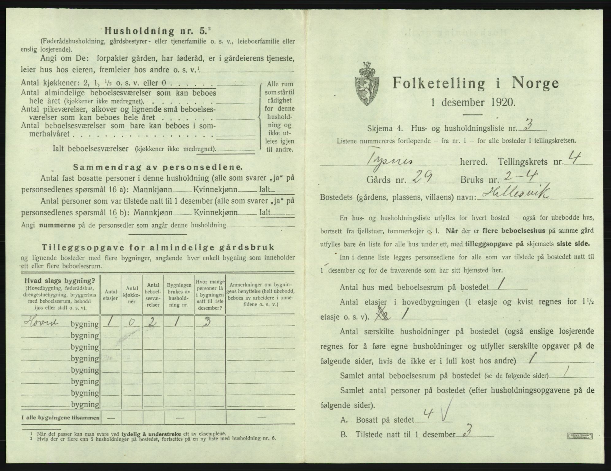 SAB, 1920 census for Tysnes, 1920, p. 325